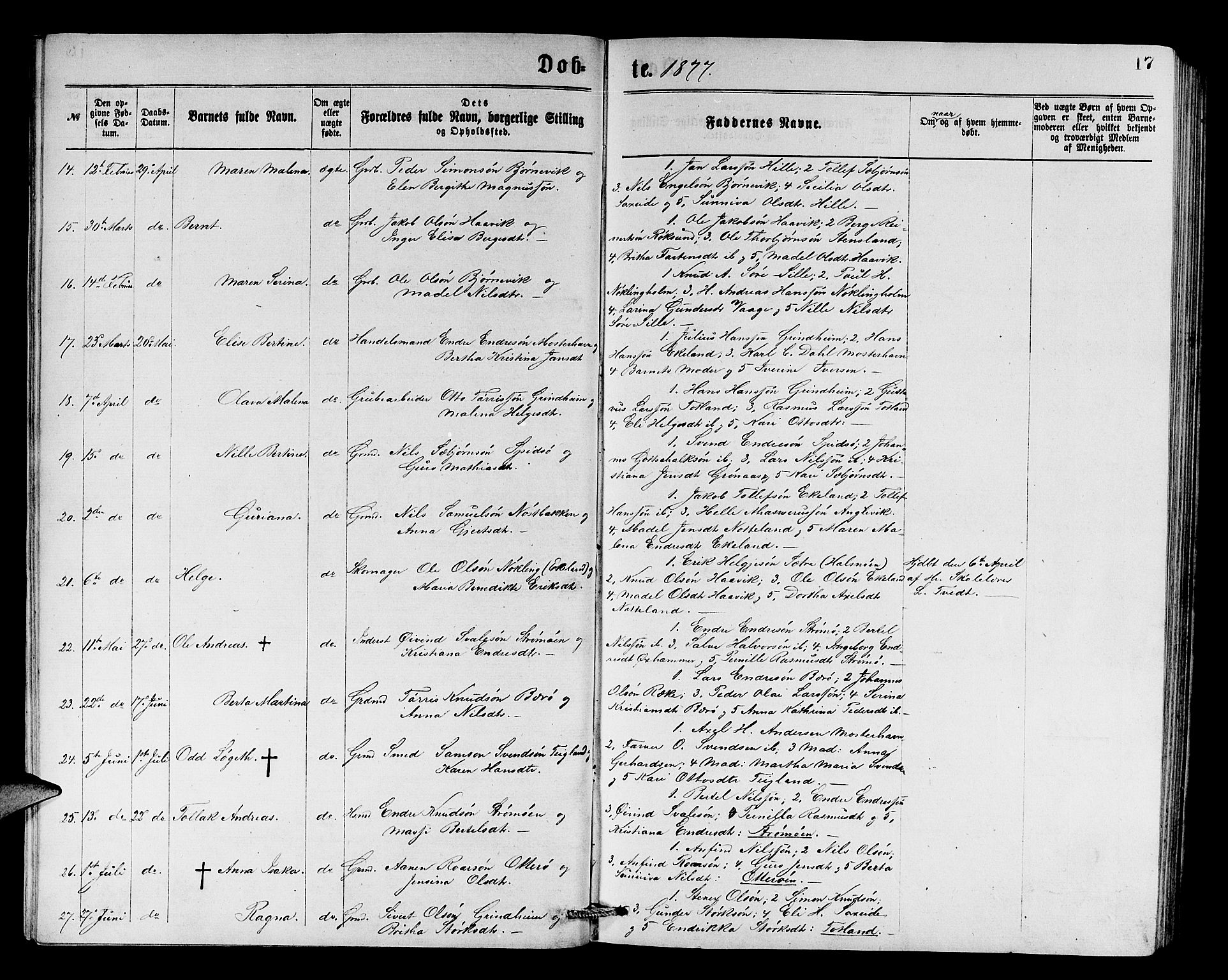 Finnås sokneprestembete, SAB/A-99925/H/Ha/Hab/Haba/L0002: Parish register (copy) no. A 2, 1873-1882, p. 17