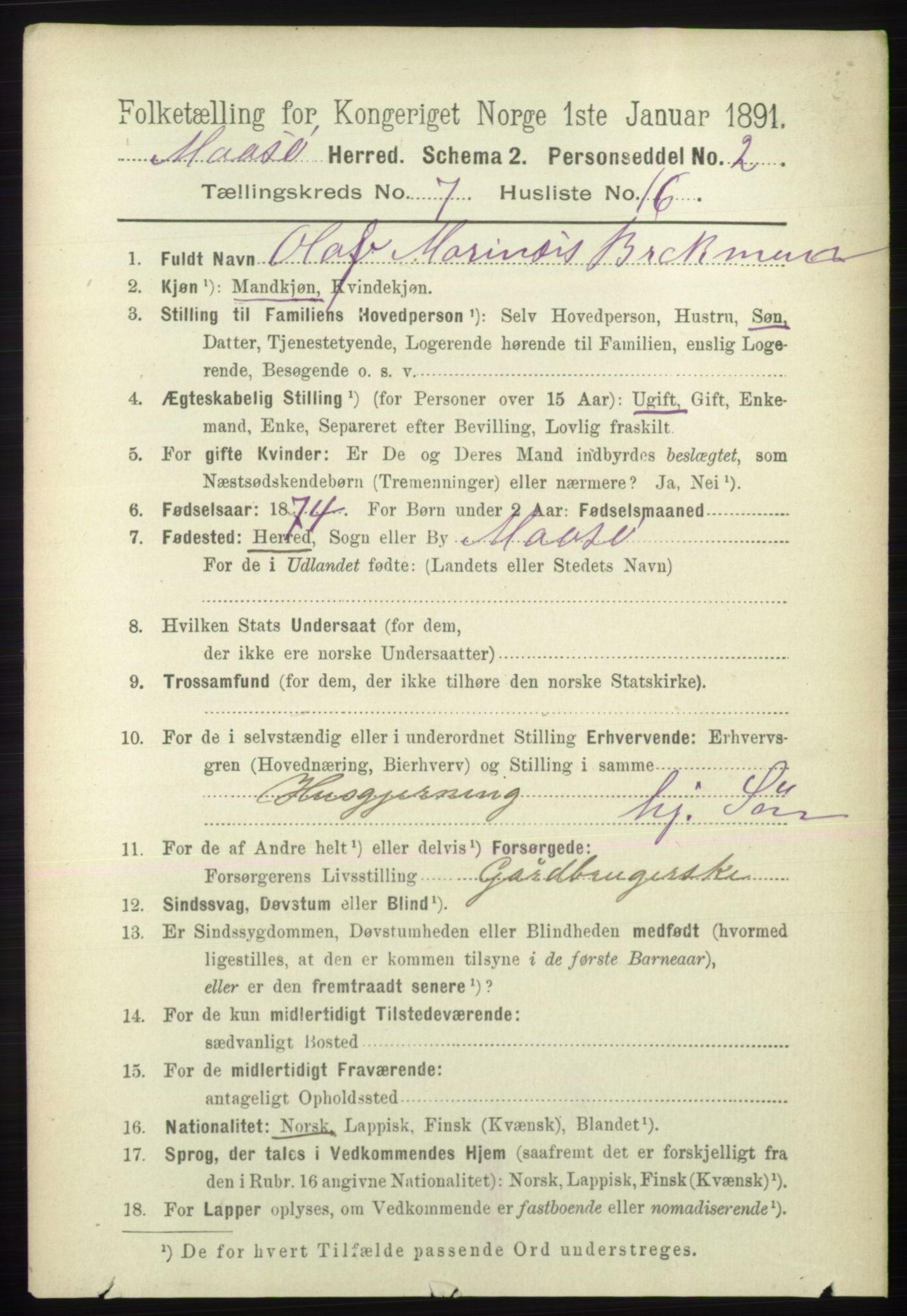 RA, 1891 census for 2018 Måsøy, 1891, p. 1493