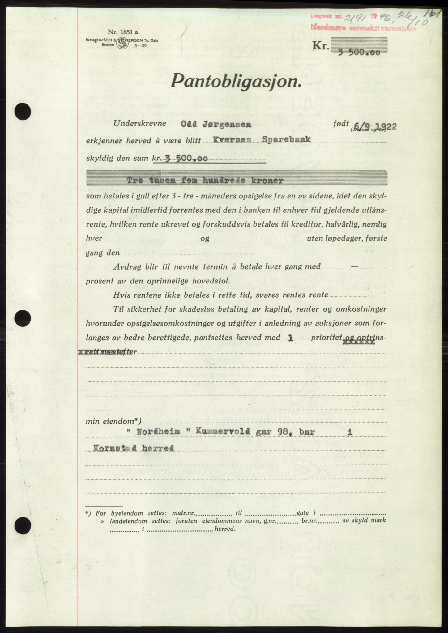 Nordmøre sorenskriveri, AV/SAT-A-4132/1/2/2Ca: Mortgage book no. B95, 1946-1947, Diary no: : 2191/1946