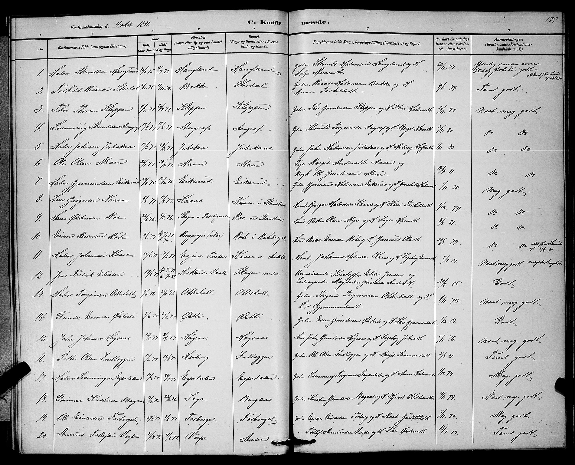 Bø kirkebøker, SAKO/A-257/G/Ga/L0005: Parish register (copy) no. 5, 1883-1897, p. 139