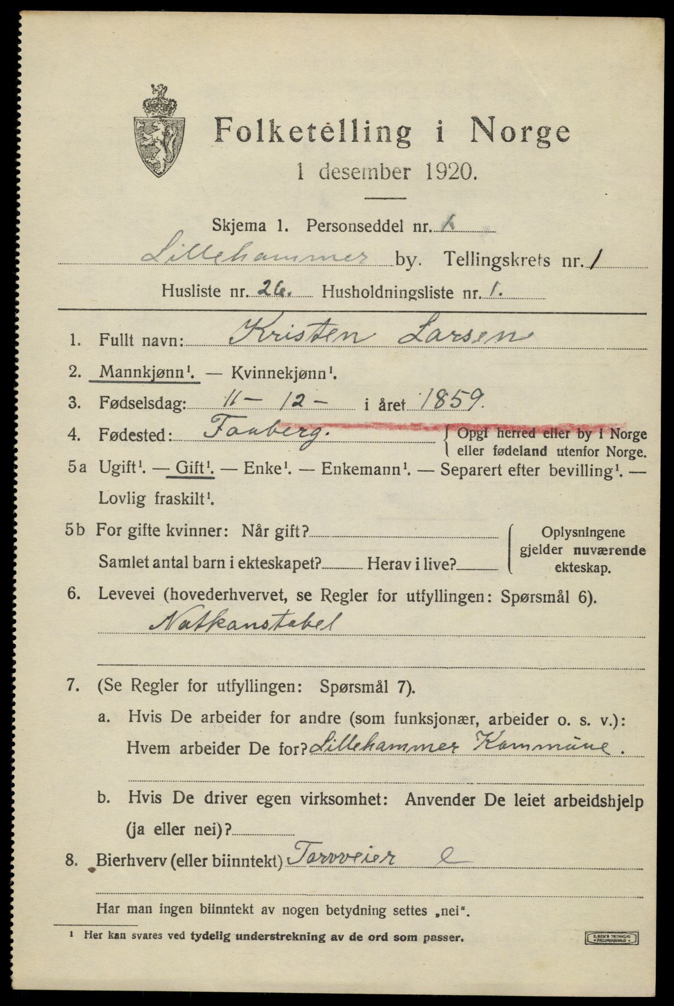 SAH, 1920 census for Lillehammer, 1920, p. 4144