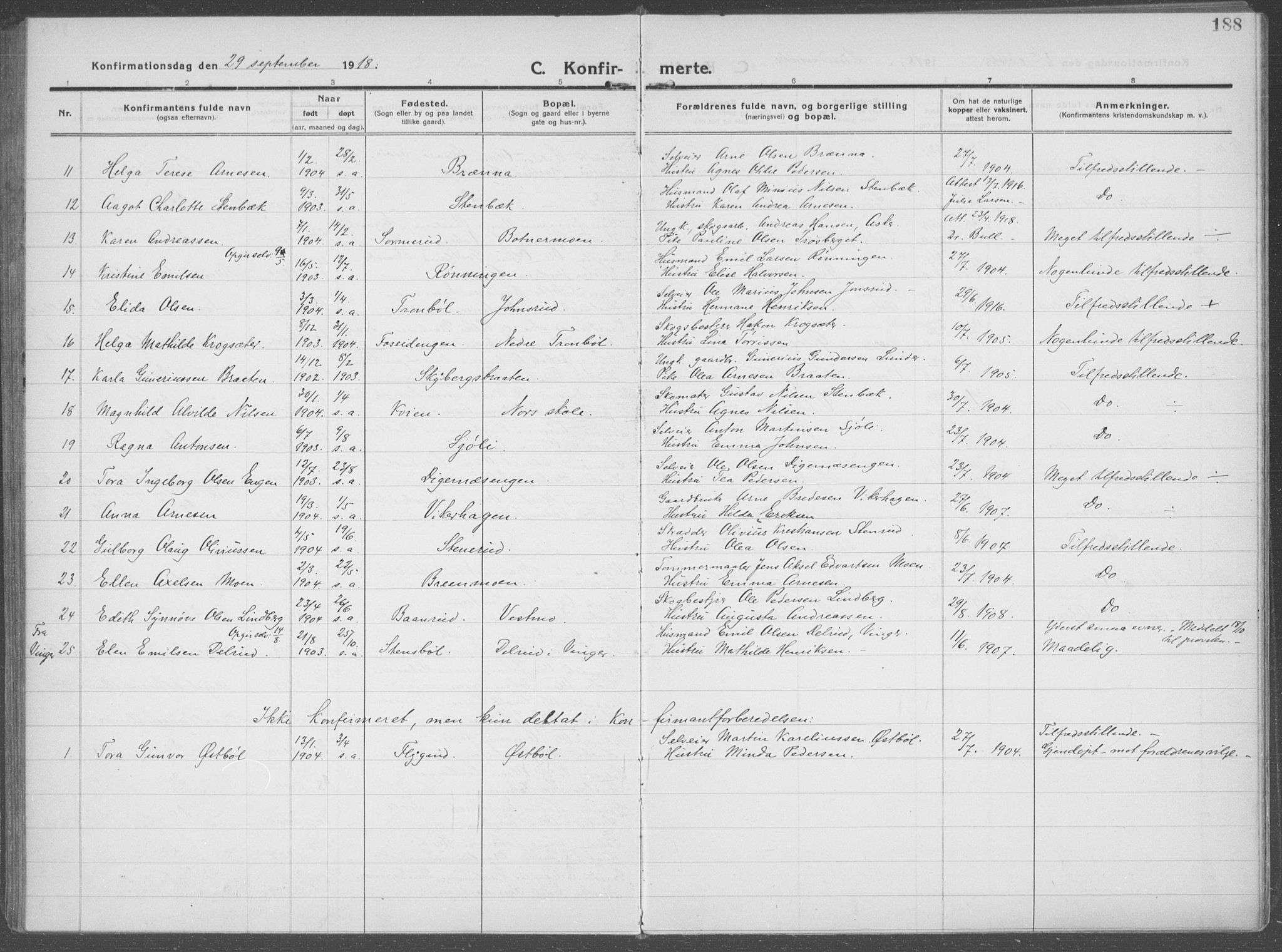 Brandval prestekontor, AV/SAH-PREST-034/H/Ha/Haa/L0004: Parish register (official) no. 4, 1910-1924, p. 188