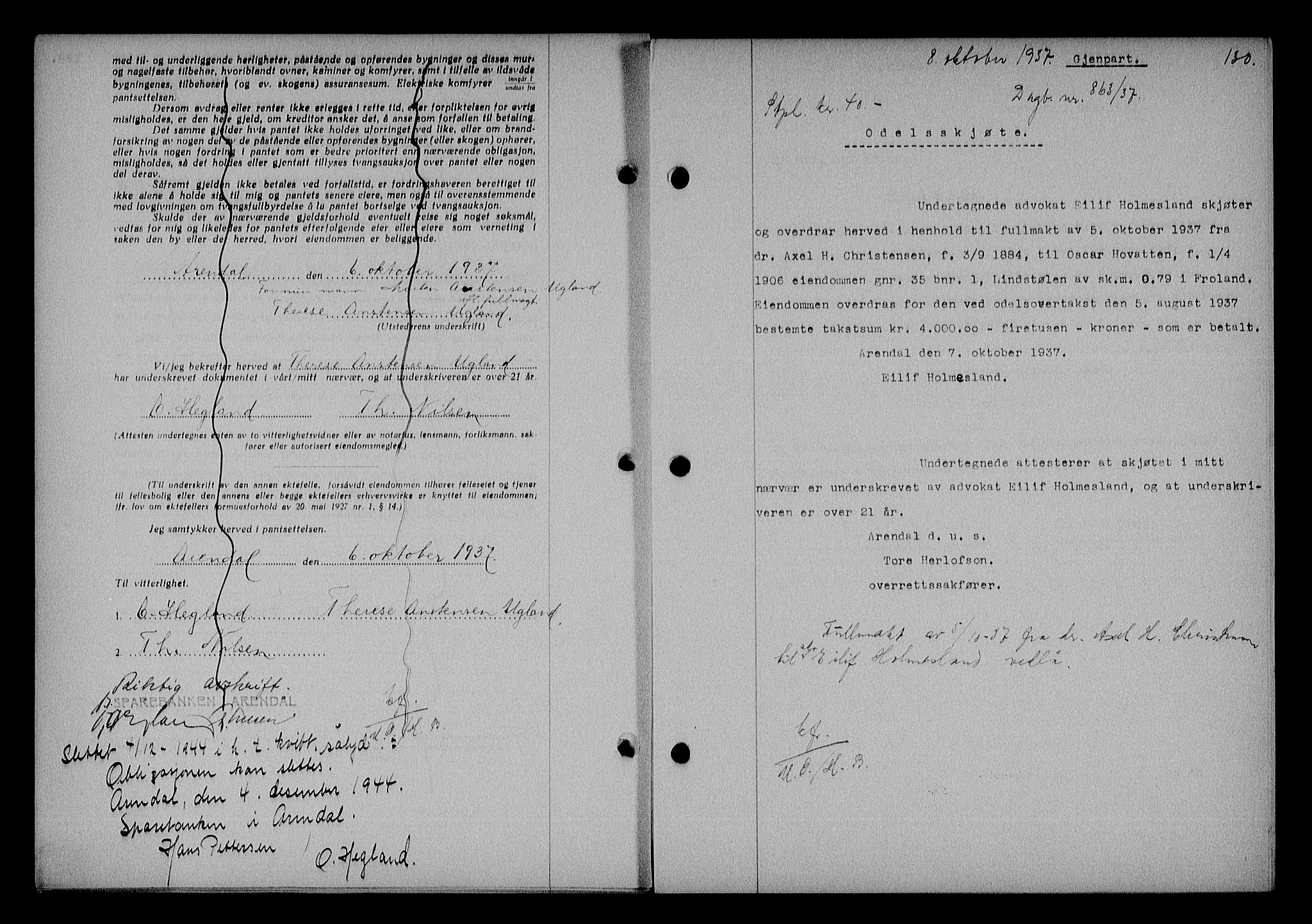 Nedenes sorenskriveri, SAK/1221-0006/G/Gb/Gba/L0044: Mortgage book no. 40, 1937-1938, Diary no: : 863/1937