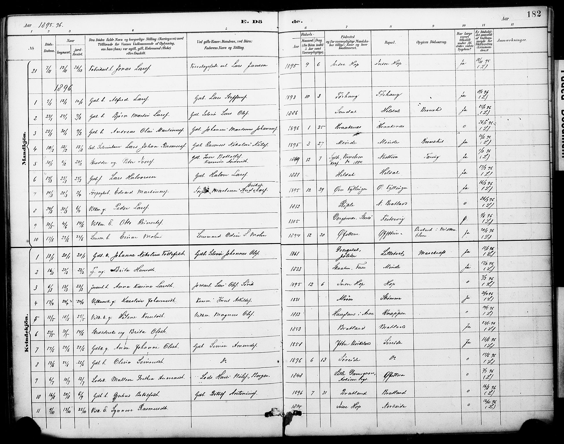 Fana Sokneprestembete, SAB/A-75101/H/Haa/Haai/L0002: Parish register (official) no. I 2, 1888-1899, p. 182