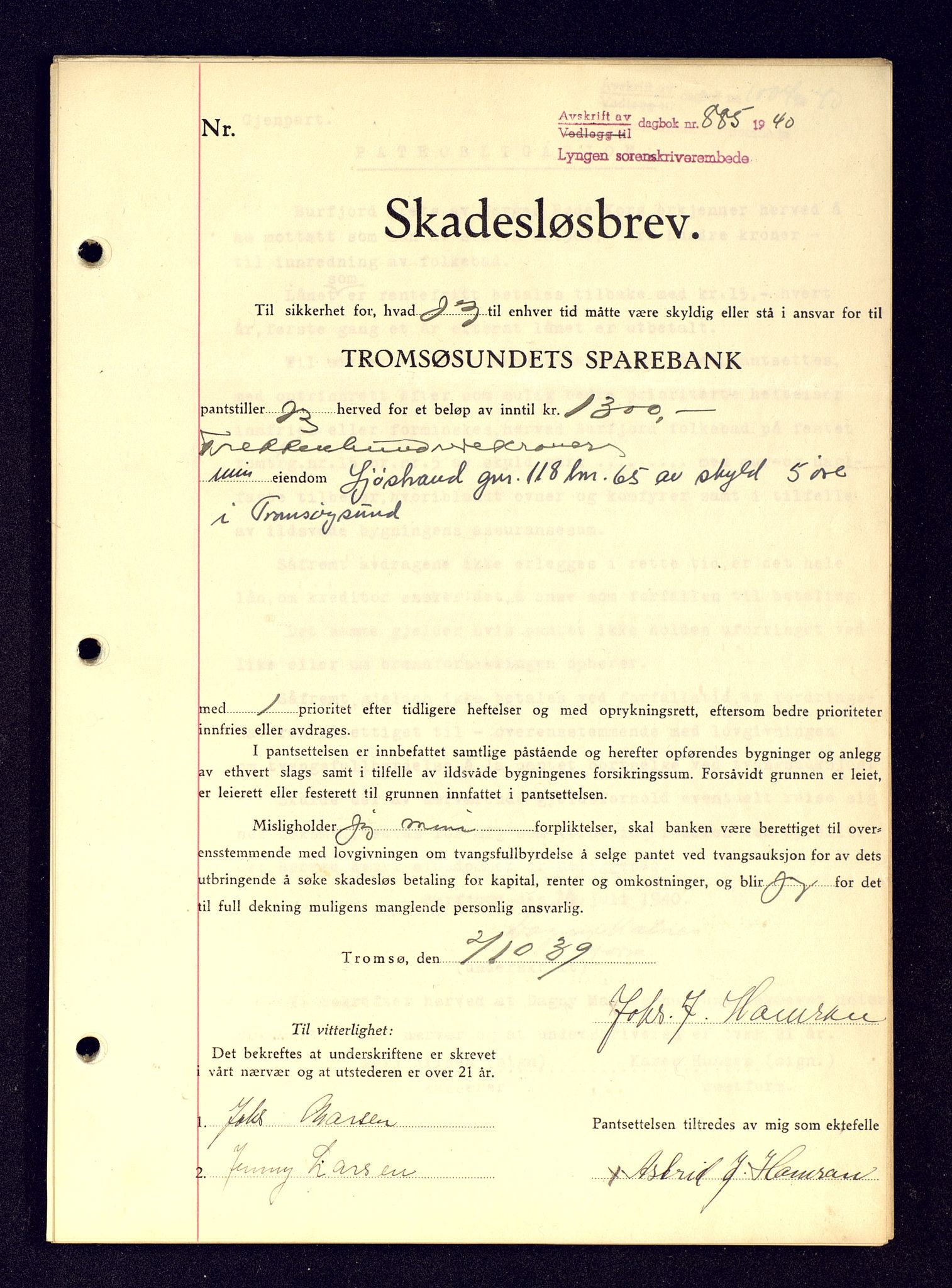 Lyngen sorenskriveri, AV/SATØ-SATØ-0052/1/G/Gf/L0001: Mortgage book no. B 25-31, 1936-1942, Diary no: : 885/1940