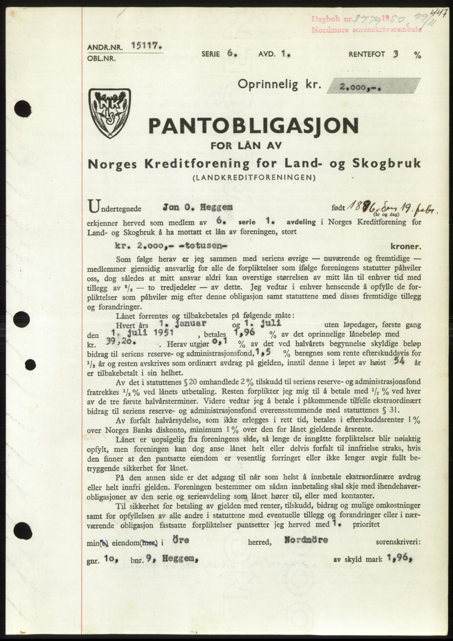 Nordmøre sorenskriveri, AV/SAT-A-4132/1/2/2Ca: Mortgage book no. B106, 1950-1950, Diary no: : 3779/1950