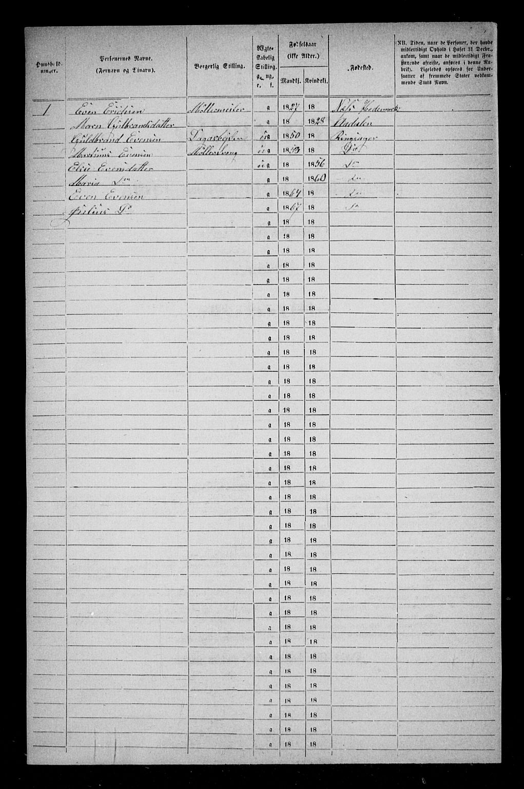 RA, 1870 census for 0502 Gjøvik, 1870, p. 12