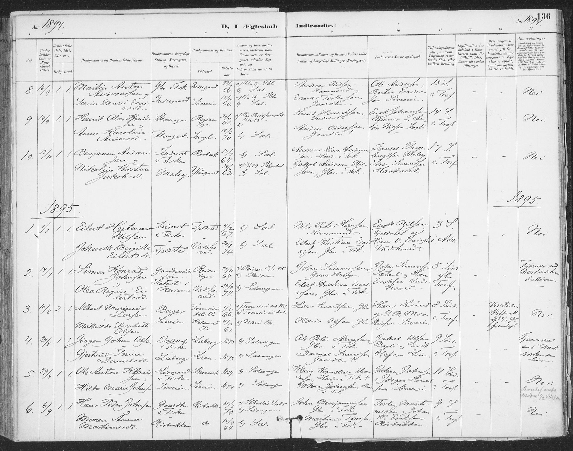 Ibestad sokneprestembete, SATØ/S-0077/H/Ha/Haa/L0015kirke: Parish register (official) no. 15, 1888-1899, p. 136