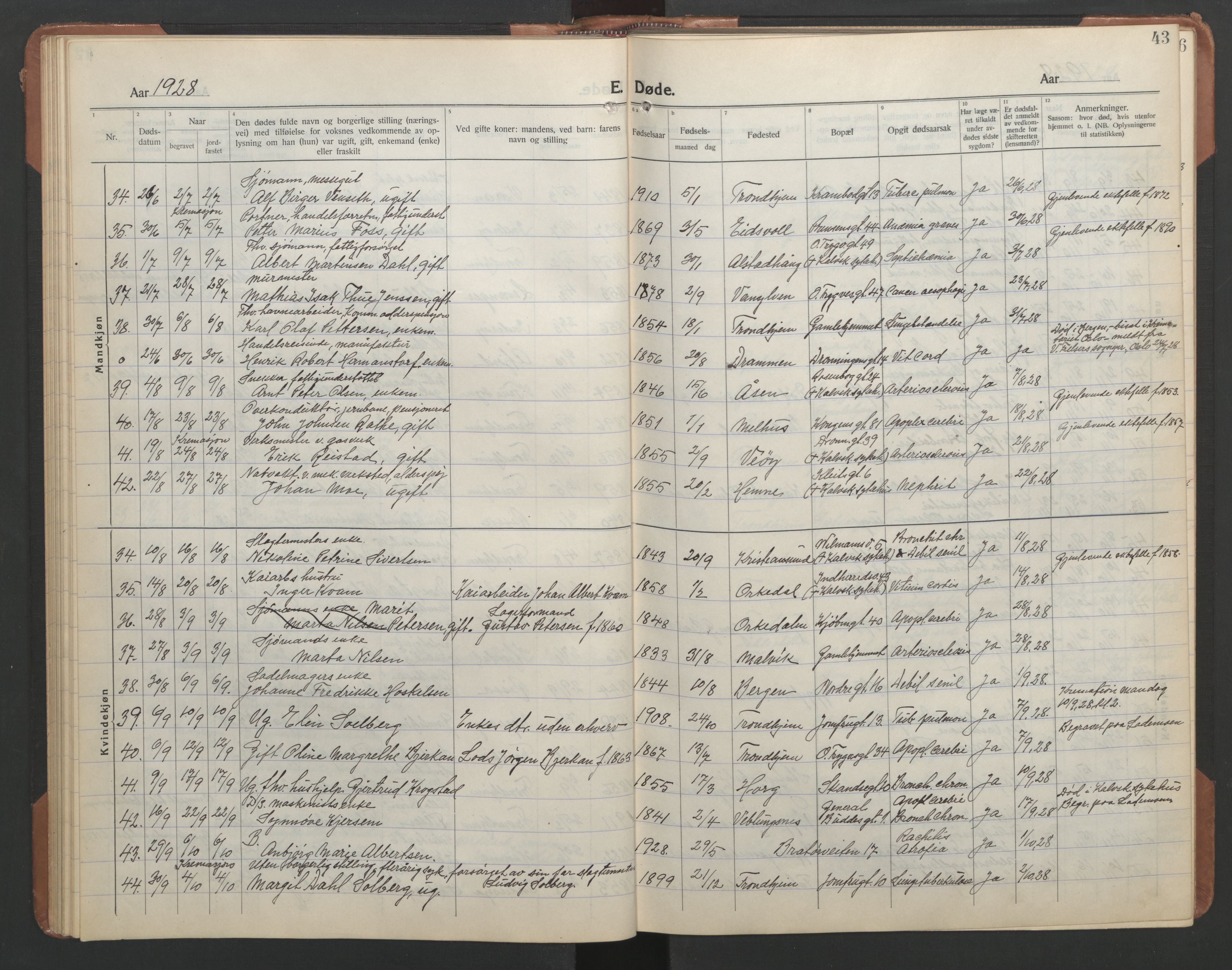 Ministerialprotokoller, klokkerbøker og fødselsregistre - Sør-Trøndelag, SAT/A-1456/602/L0150: Parish register (copy) no. 602C18, 1922-1949, p. 43