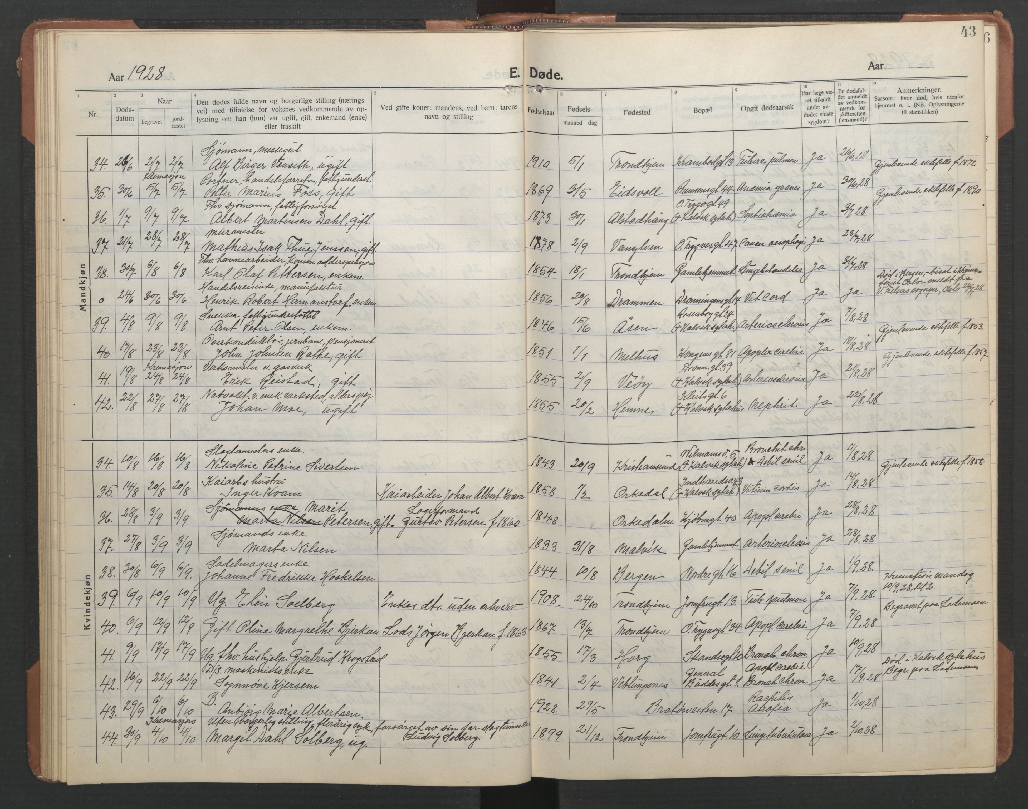 Ministerialprotokoller, klokkerbøker og fødselsregistre - Sør-Trøndelag, AV/SAT-A-1456/602/L0150: Parish register (copy) no. 602C18, 1922-1949, p. 43