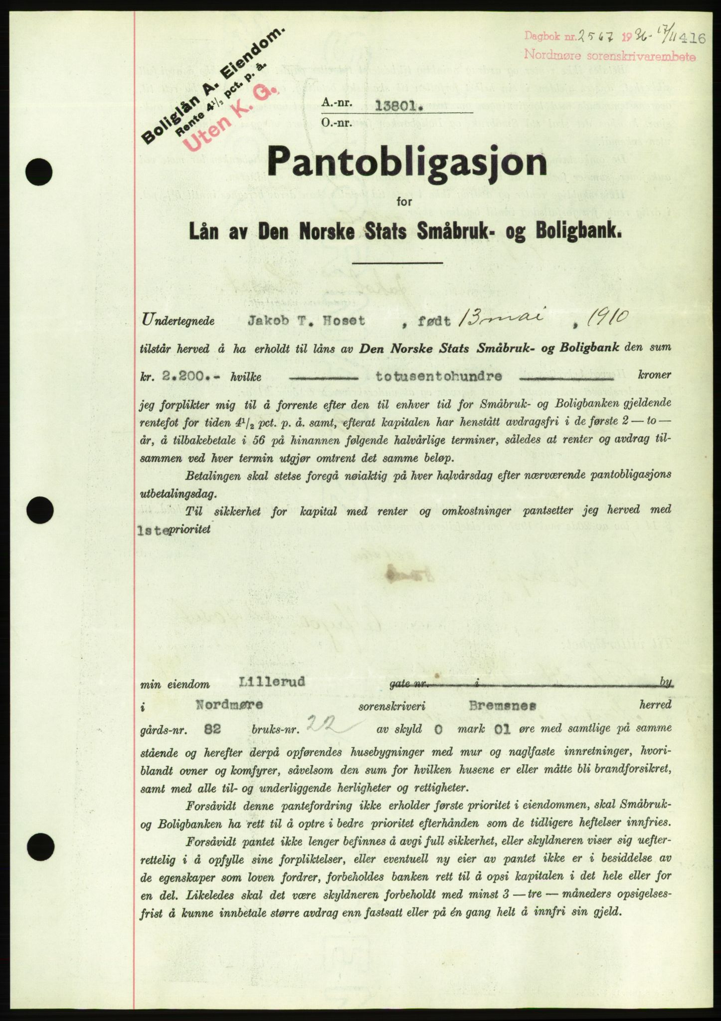 Nordmøre sorenskriveri, AV/SAT-A-4132/1/2/2Ca/L0090: Mortgage book no. B80, 1936-1937, Diary no: : 2567/1936