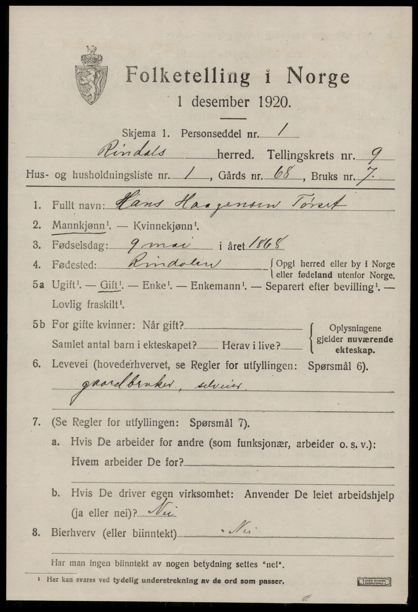 SAT, 1920 census for Rindal, 1920, p. 4530