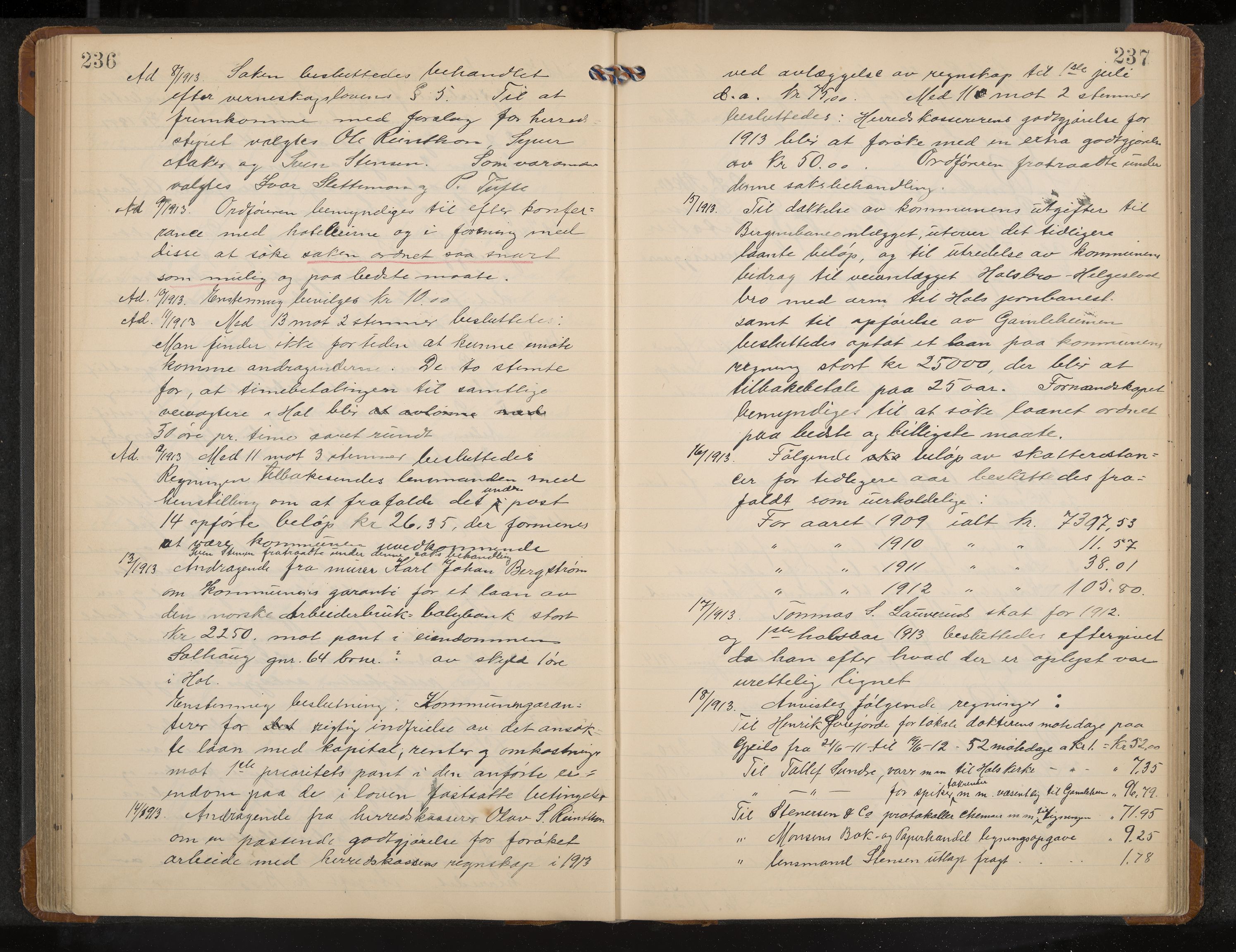 Hol formannskap og sentraladministrasjon, IKAK/0620021-1/A/L0005: Møtebok, 1909-1915, p. 236-237