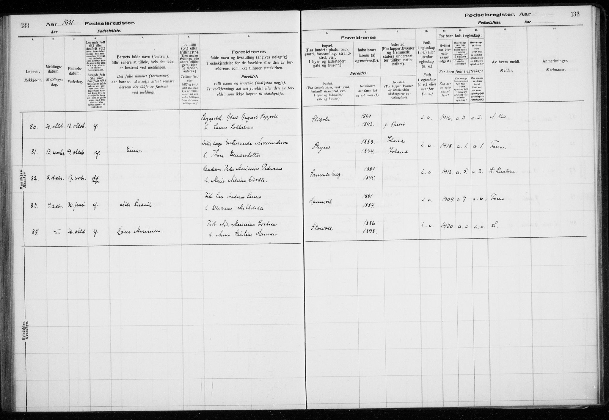 Lyngen sokneprestembete, AV/SATØ-S-1289/I/Ia/L0075: Birth register no. 75, 1916-1924, p. 133