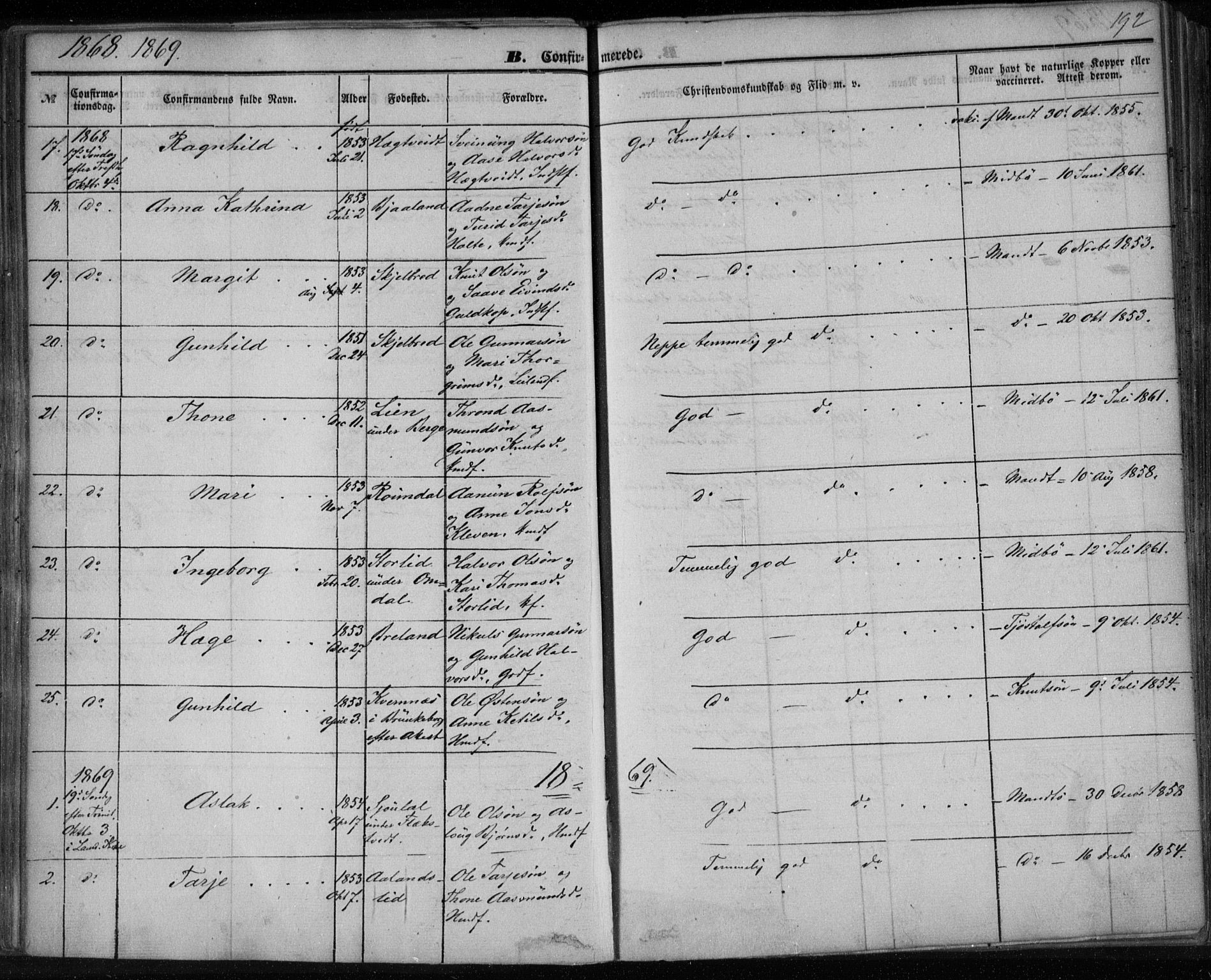 Lårdal kirkebøker, SAKO/A-284/F/Fa/L0006: Parish register (official) no. I 6, 1861-1886, p. 192