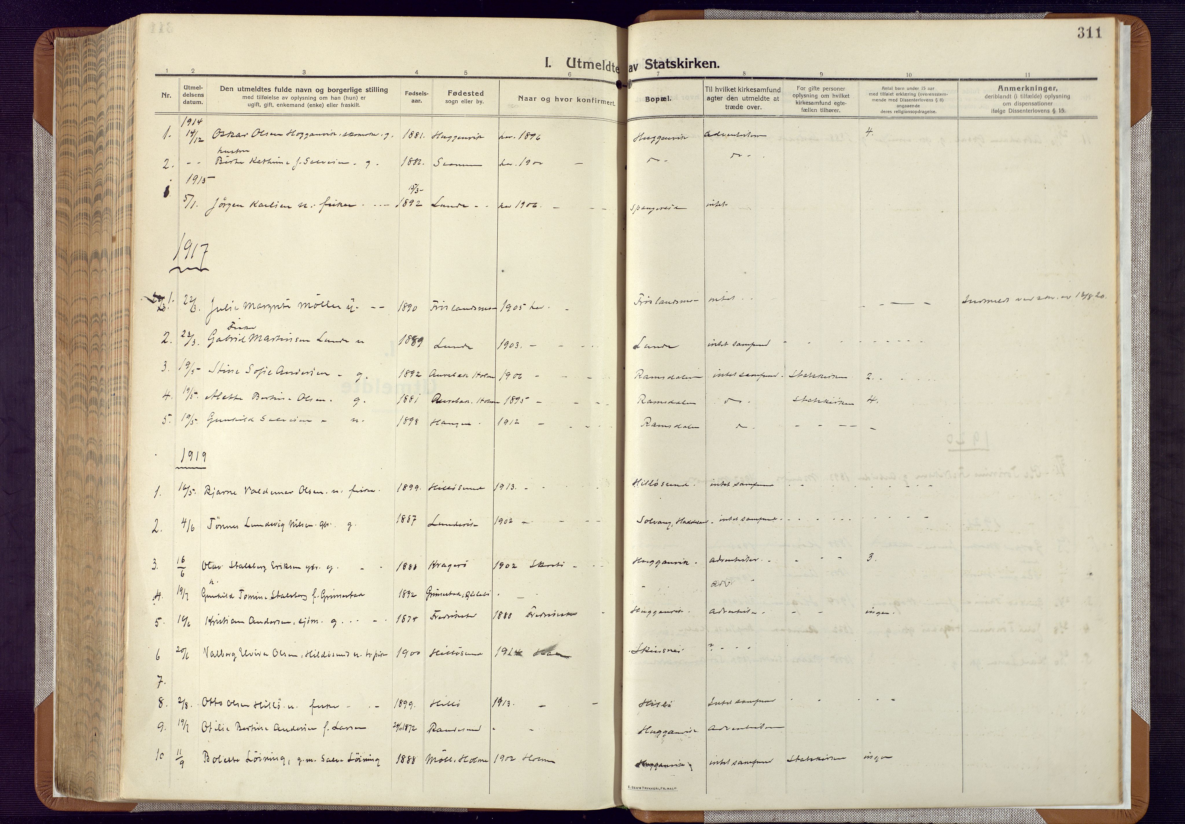 Mandal sokneprestkontor, SAK/1111-0030/F/Fa/Faa/L0022: Parish register (official) no. A 22, 1913-1925, p. 311