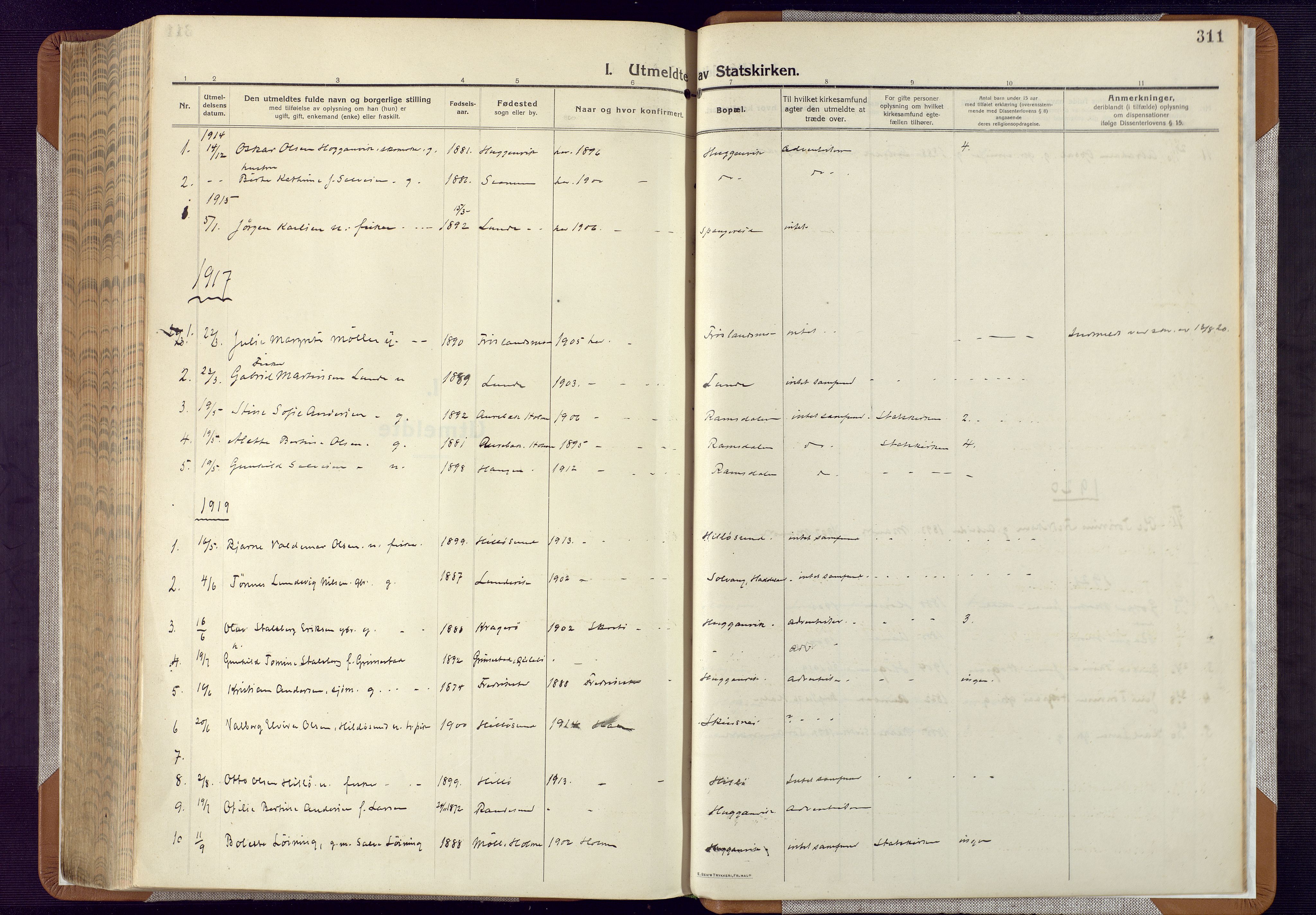 Mandal sokneprestkontor, AV/SAK-1111-0030/F/Fa/Faa/L0022: Parish register (official) no. A 22, 1913-1925, p. 311