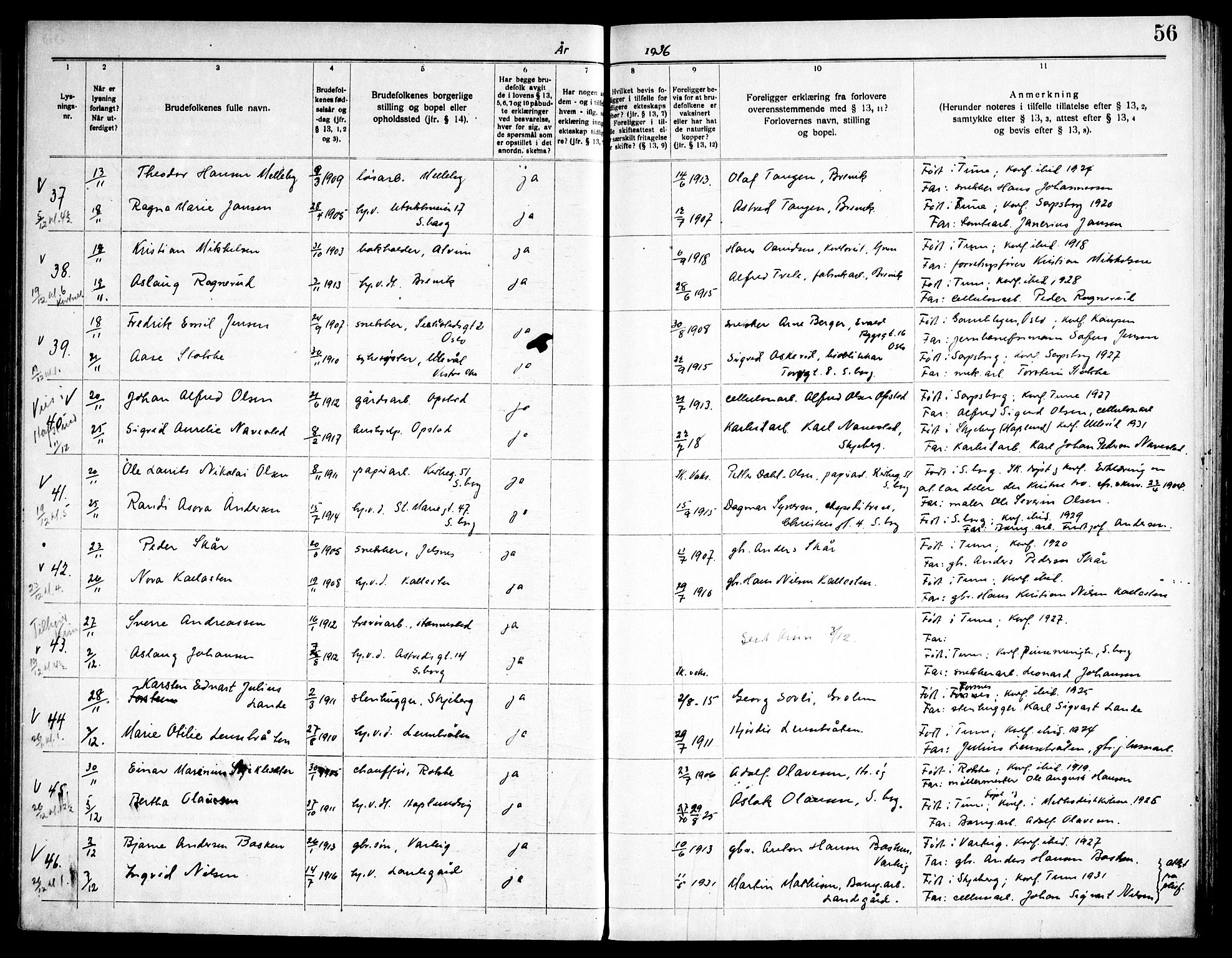 Tune prestekontor Kirkebøker, AV/SAO-A-2007/H/Ha/L0001: Banns register no. I 1, 1919-1946, p. 56