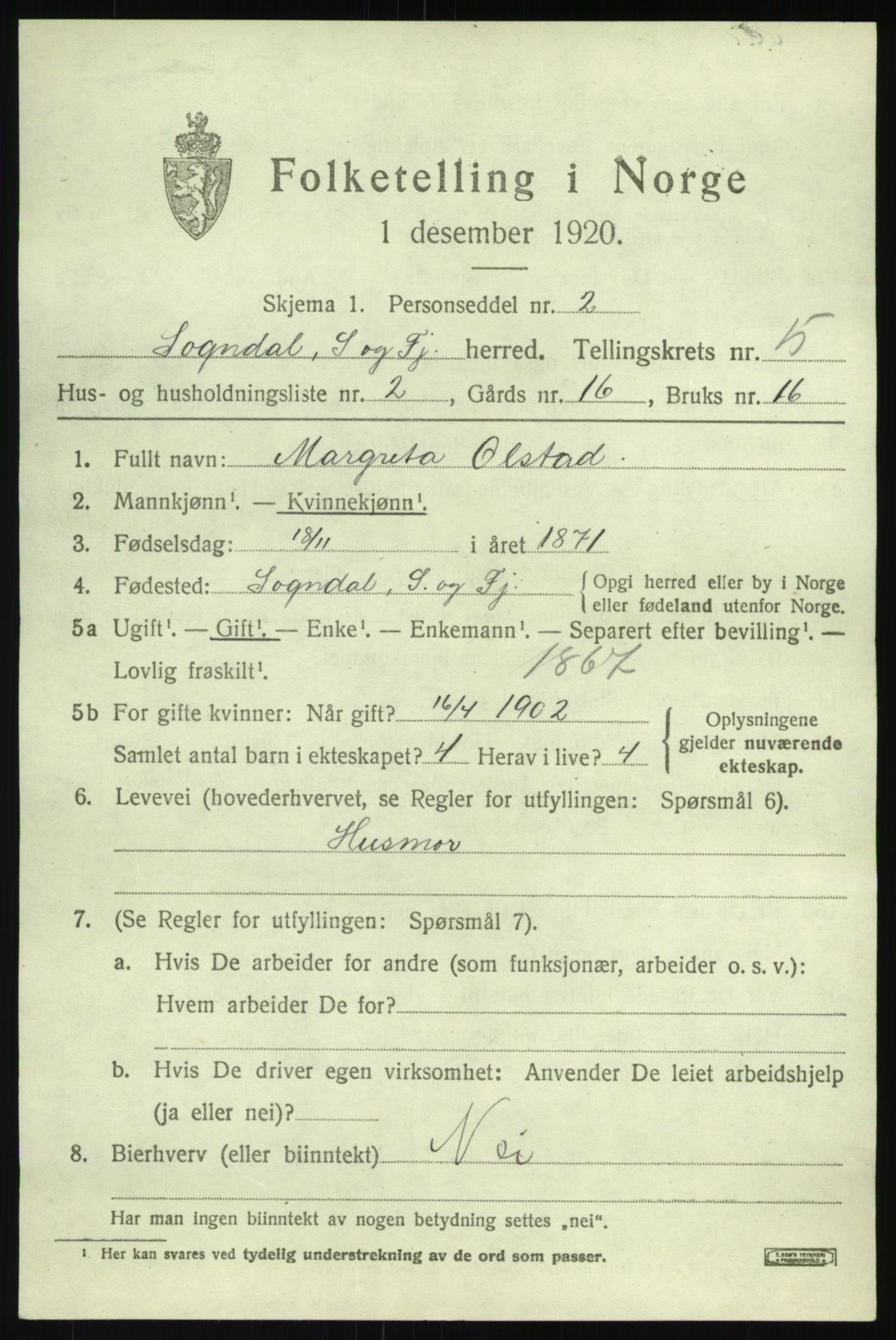 SAB, 1920 census for Sogndal, 1920, p. 2649