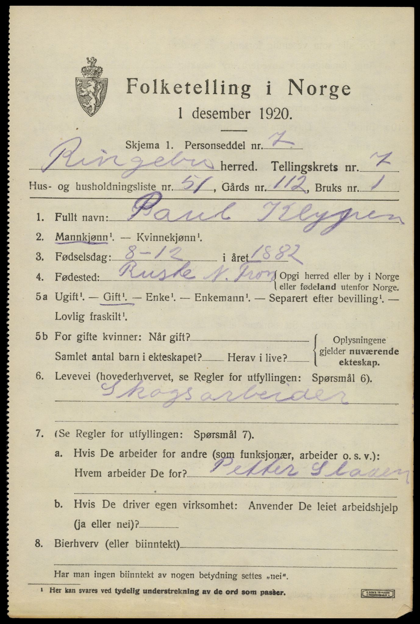 SAH, 1920 census for Ringebu, 1920, p. 7999