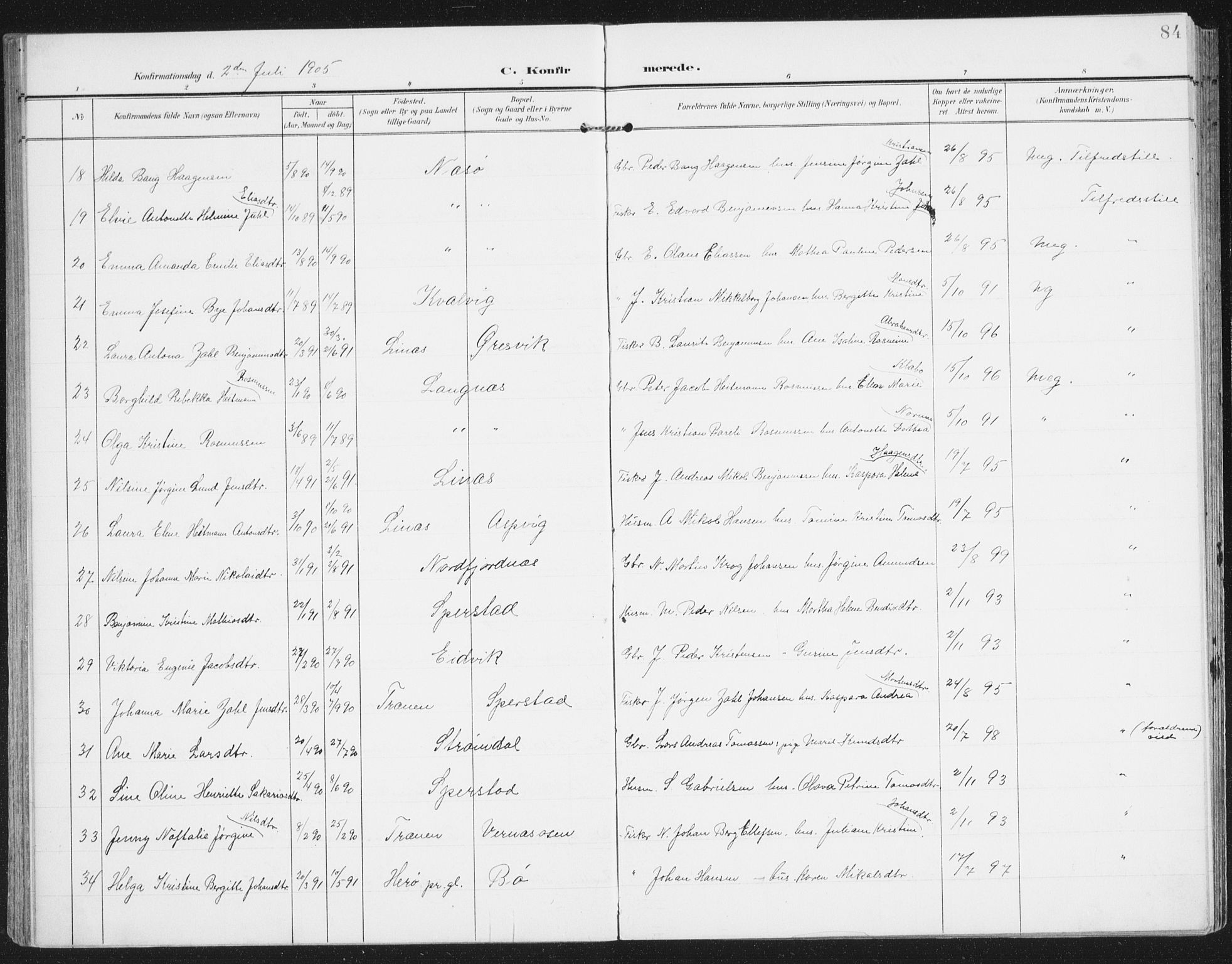 Ministerialprotokoller, klokkerbøker og fødselsregistre - Nordland, SAT/A-1459/841/L0612: Parish register (official) no. 841A15, 1902-1910, p. 84