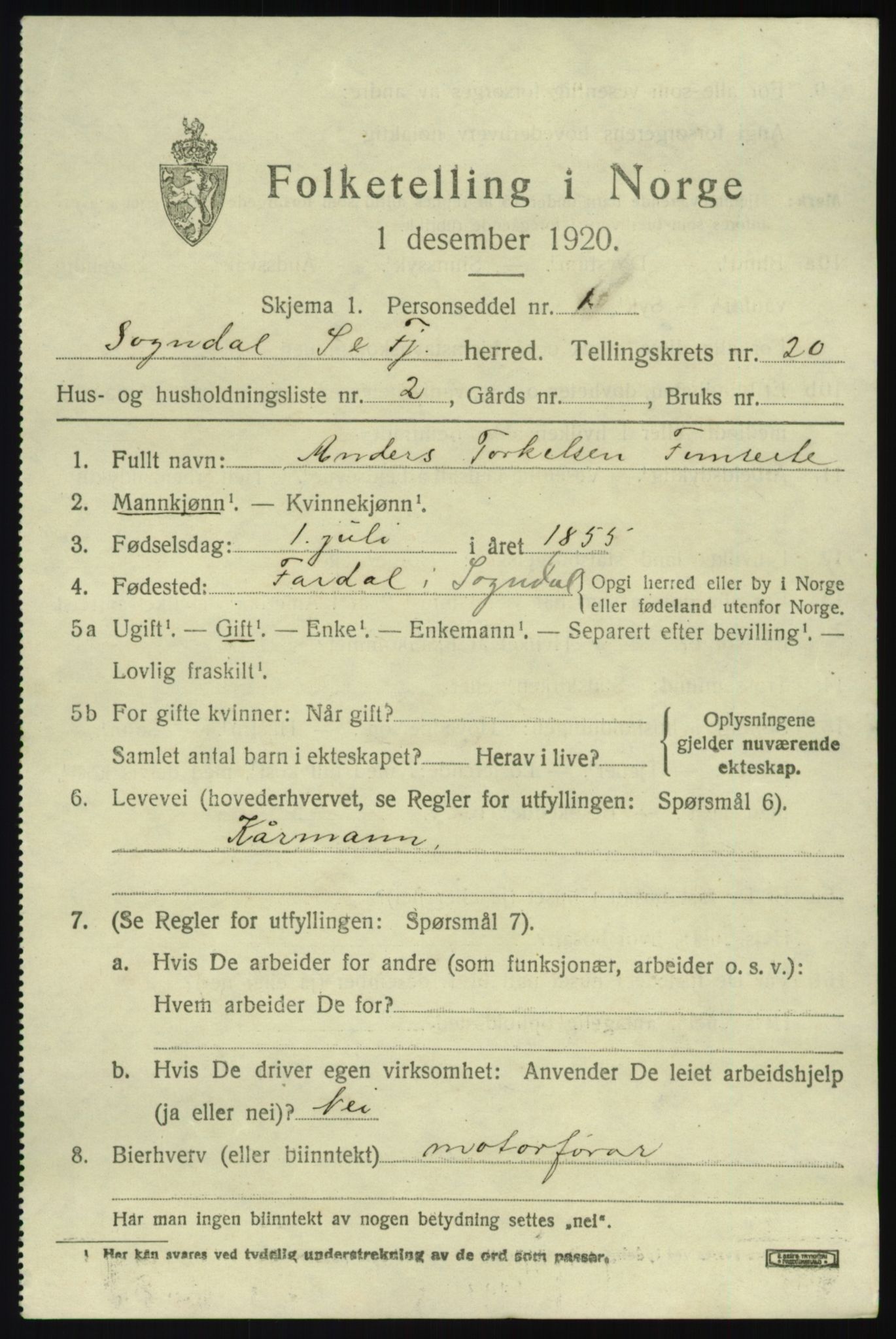 SAB, 1920 census for Sogndal, 1920, p. 7523