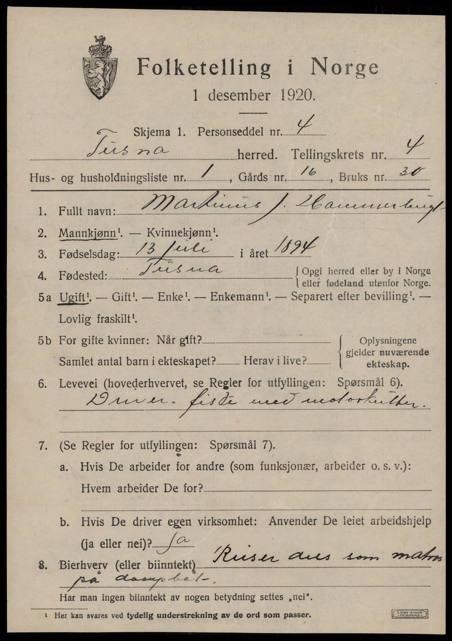 SAT, 1920 census for Tustna, 1920, p. 1731