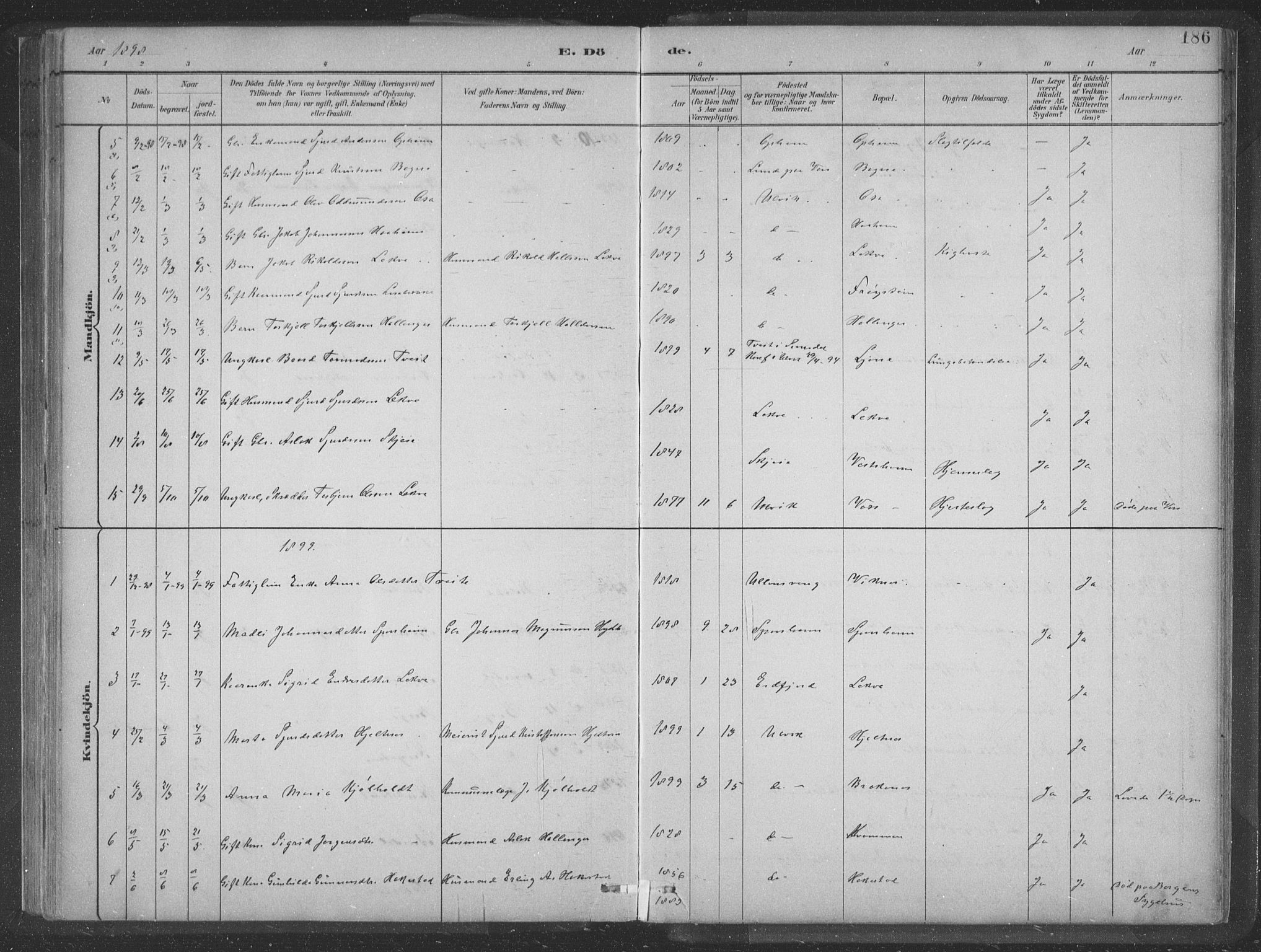 Ulvik sokneprestembete, AV/SAB-A-78801/H/Hab: Parish register (copy) no. A 3, 1883-1908, p. 186