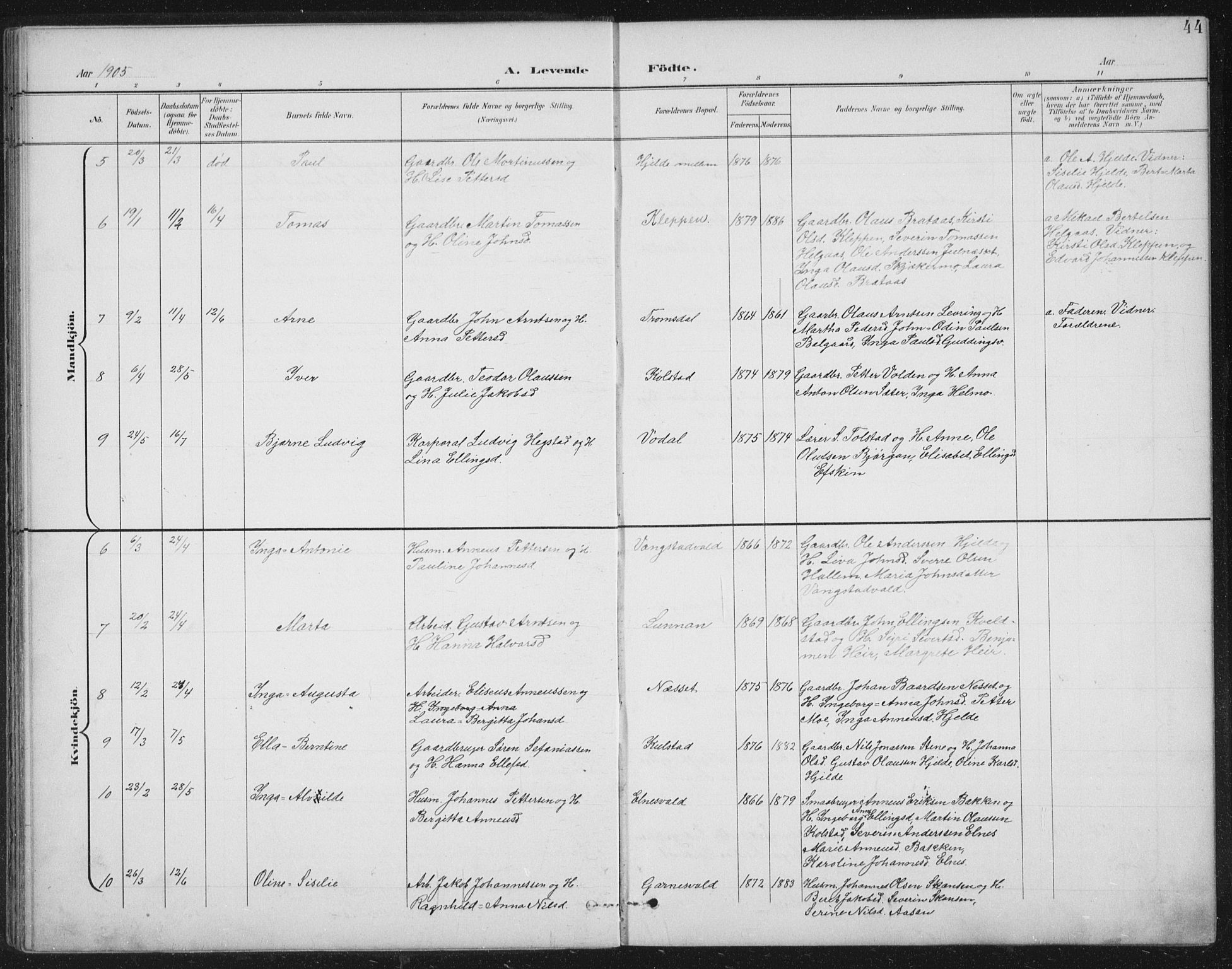 Ministerialprotokoller, klokkerbøker og fødselsregistre - Nord-Trøndelag, AV/SAT-A-1458/724/L0269: Parish register (copy) no. 724C05, 1899-1920, p. 44