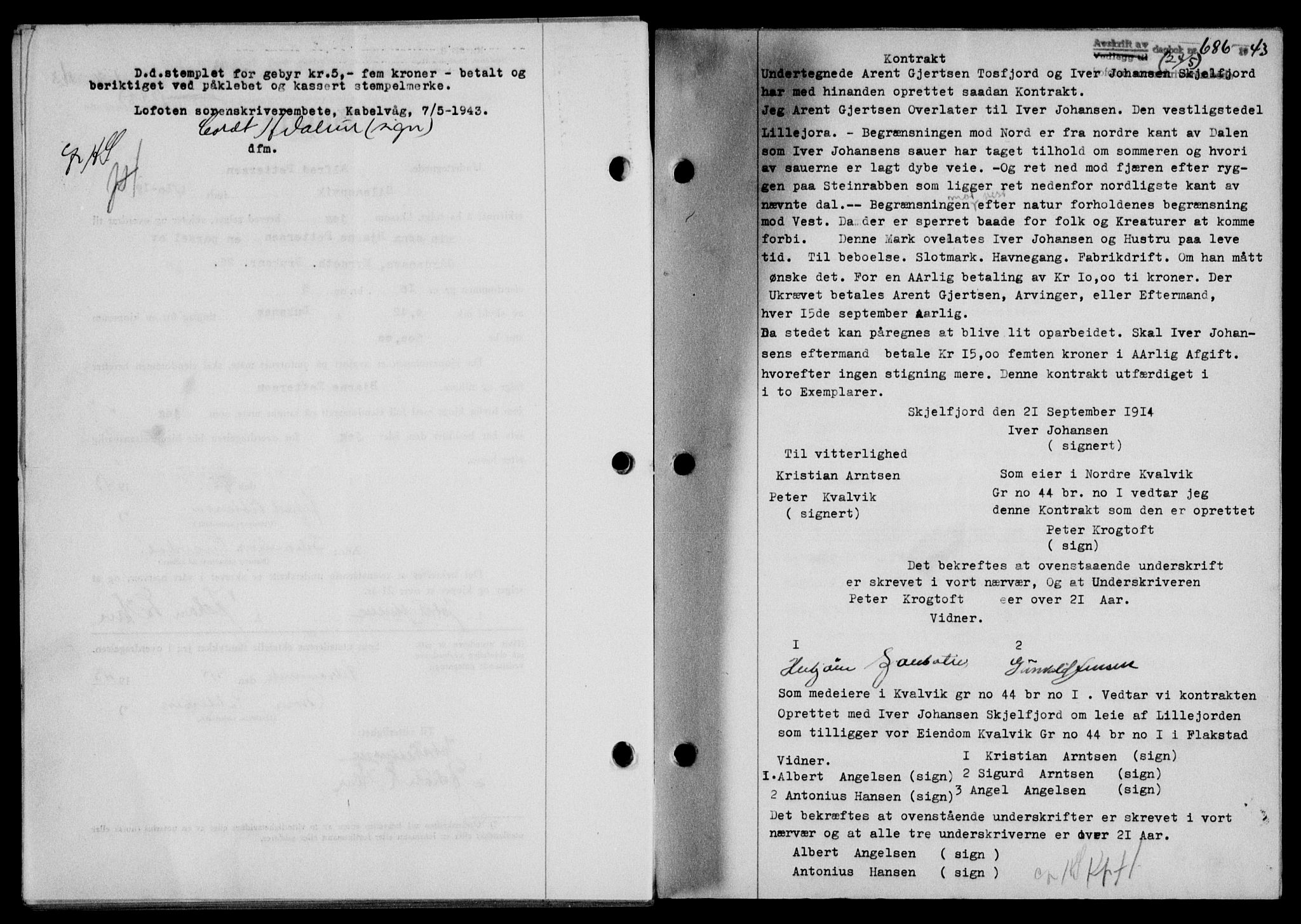 Lofoten sorenskriveri, SAT/A-0017/1/2/2C/L0011a: Mortgage book no. 11a, 1943-1943, Diary no: : 686/1943