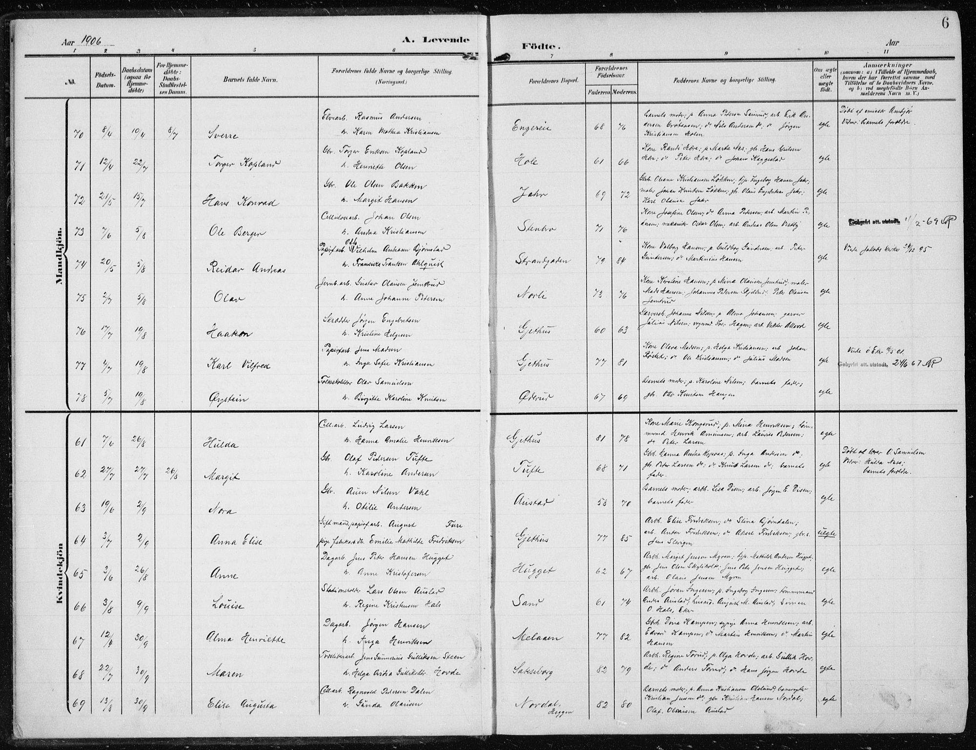 Modum kirkebøker, SAKO/A-234/F/Fa/L0014a: Parish register (official) no. 14A, 1906-1918, p. 6