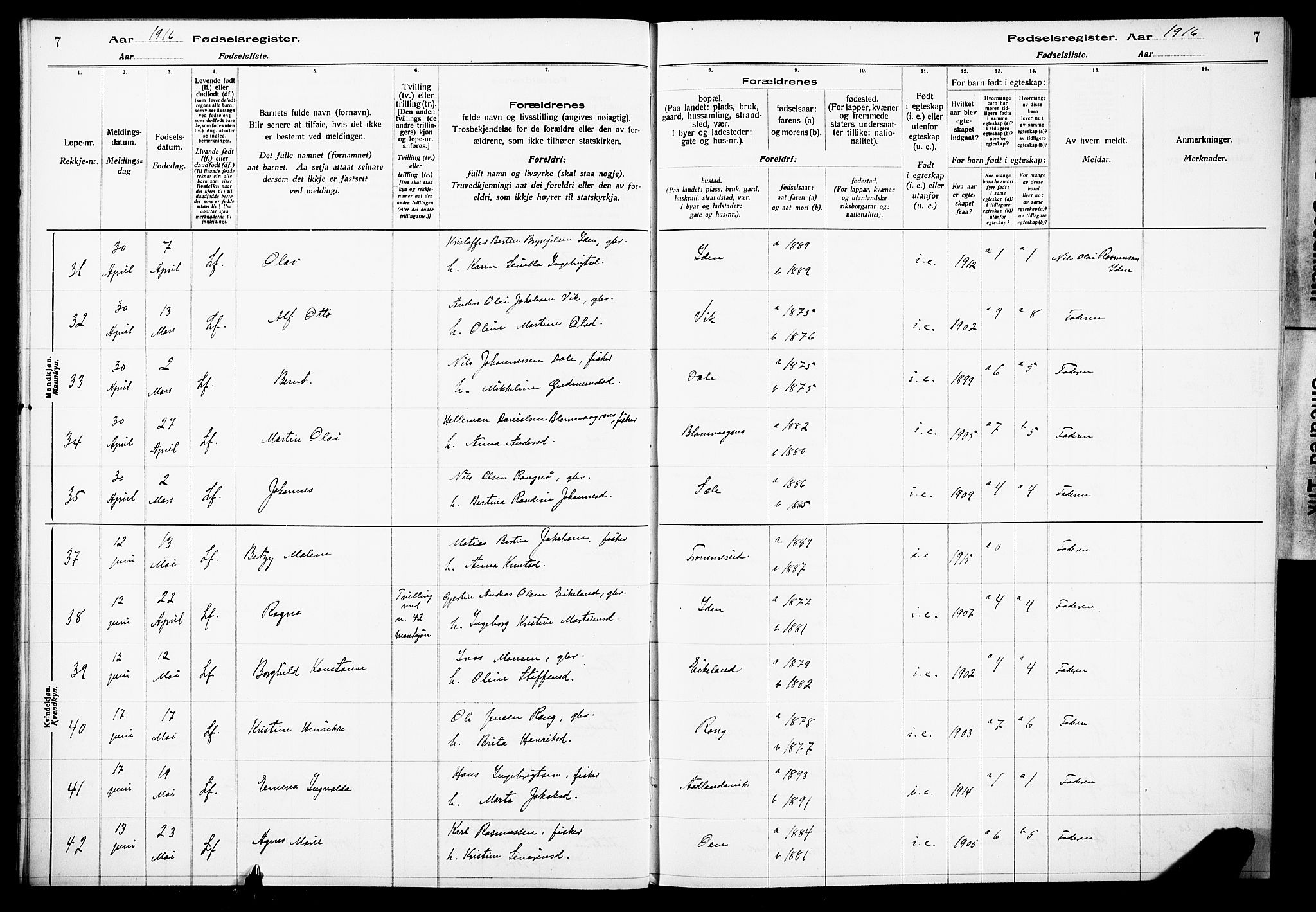 Herdla Sokneprestembete, SAB/A-75701/I/Id/L00A1: Birth register no. A 1, 1916-1929, p. 7