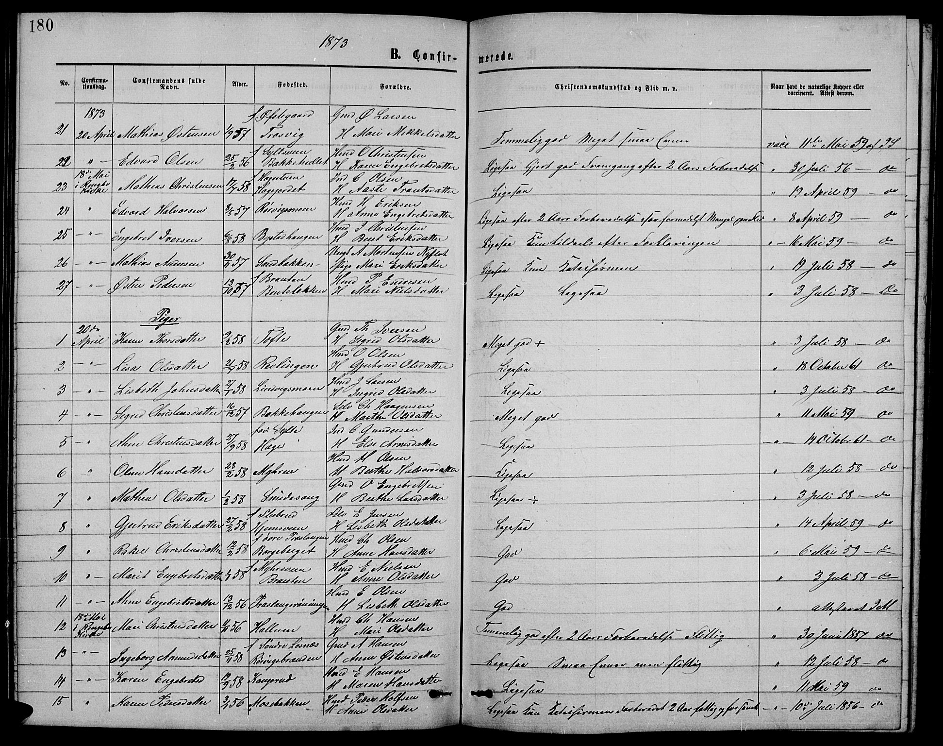 Ringebu prestekontor, AV/SAH-PREST-082/H/Ha/Hab/L0004: Parish register (copy) no. 4, 1867-1879, p. 180