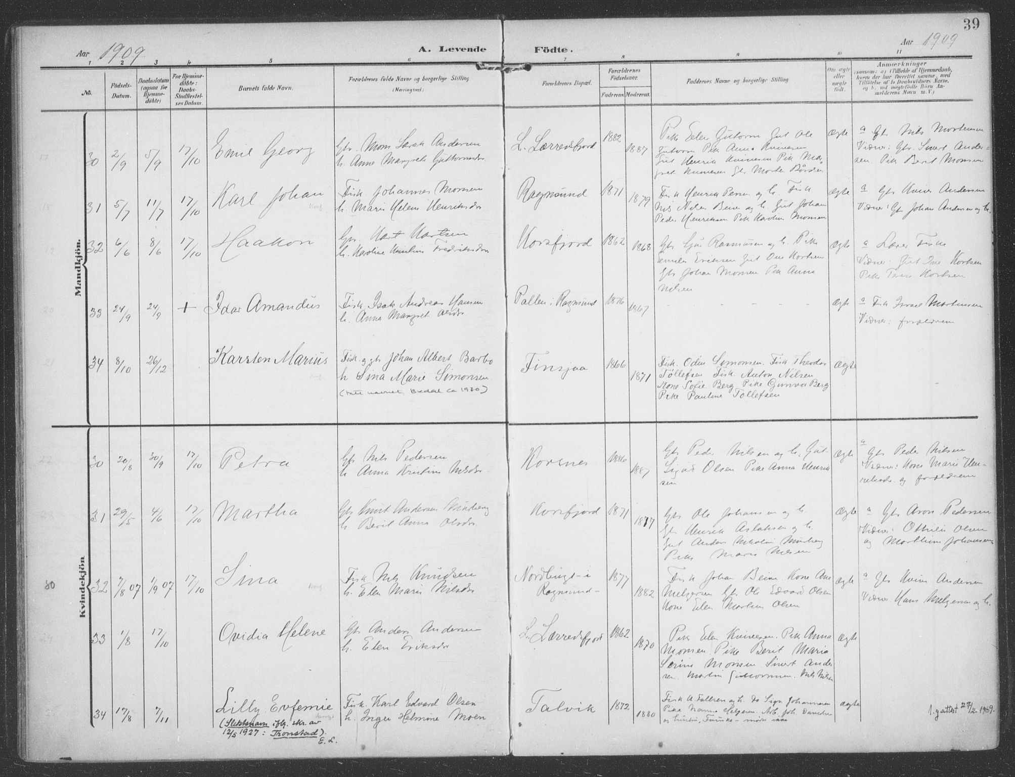 Talvik sokneprestkontor, SATØ/S-1337/H/Ha/L0017kirke: Parish register (official) no. 17, 1906-1915, p. 39