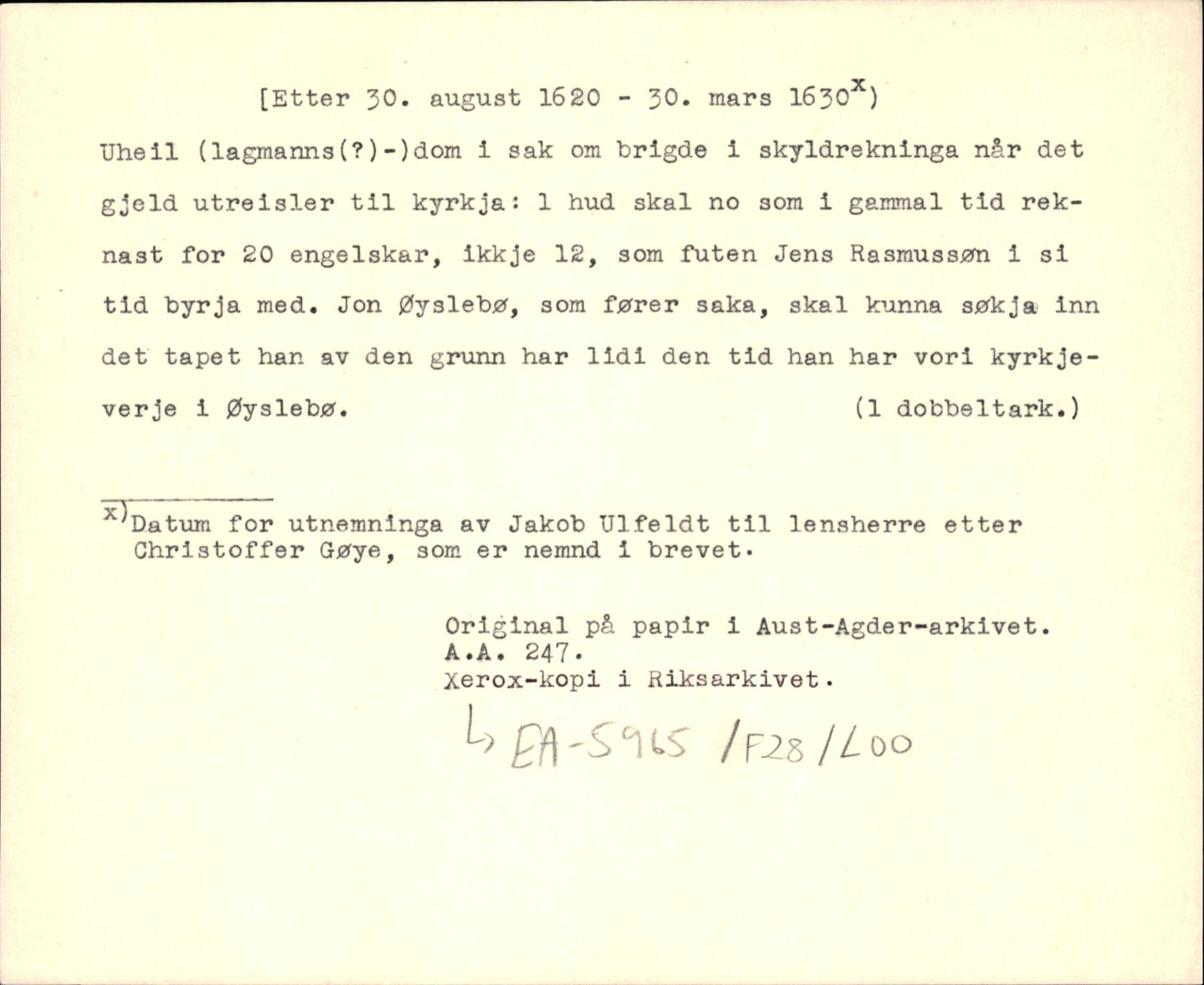 Riksarkivets diplomsamling, AV/RA-EA-5965/F35/F35d/L0003: Innlånte diplomer, seddelregister, 1621-1642, p. 283