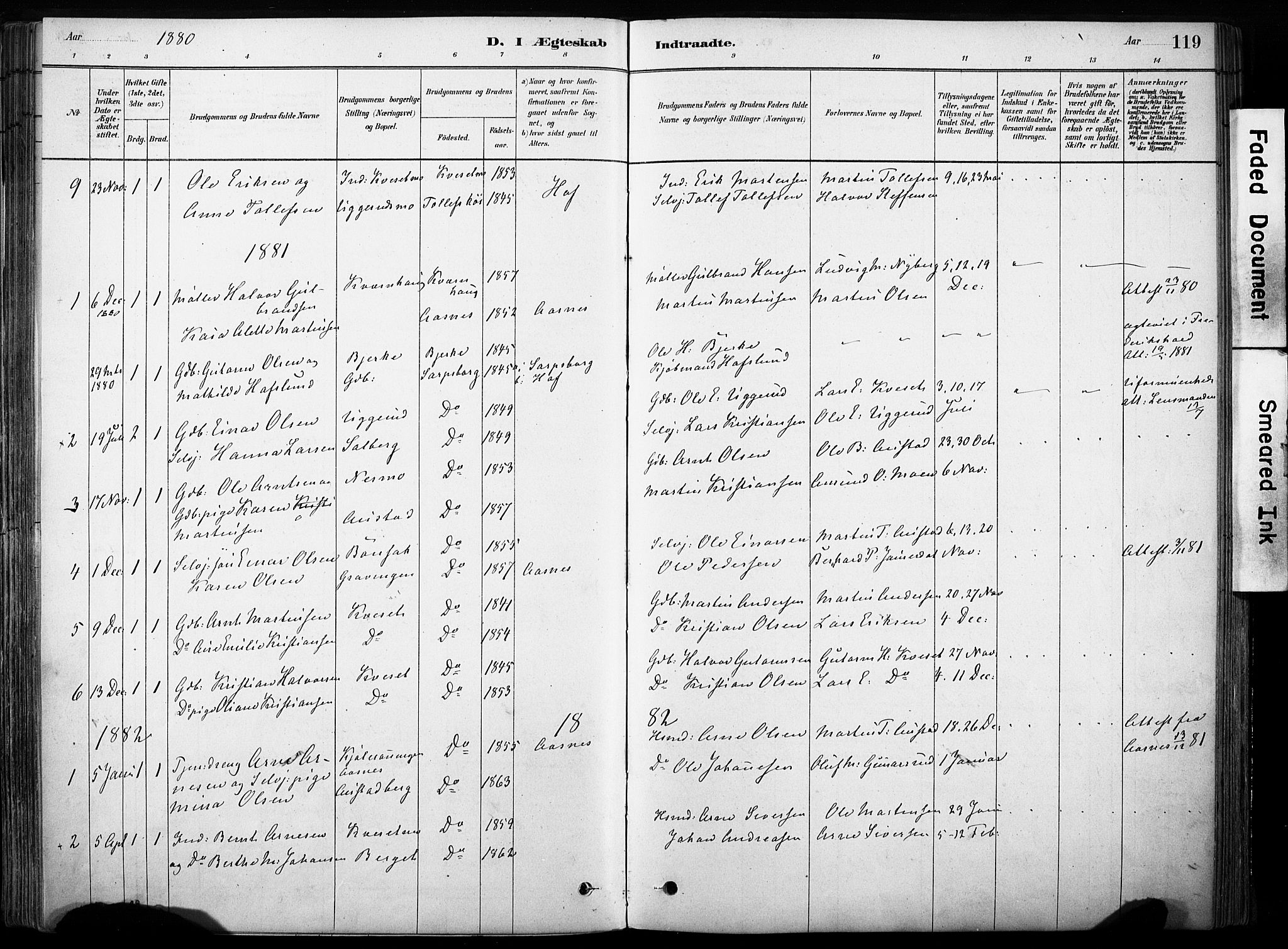 Hof prestekontor, SAH/PREST-038/H/Ha/Haa/L0011: Parish register (official) no. 11, 1879-1911, p. 119