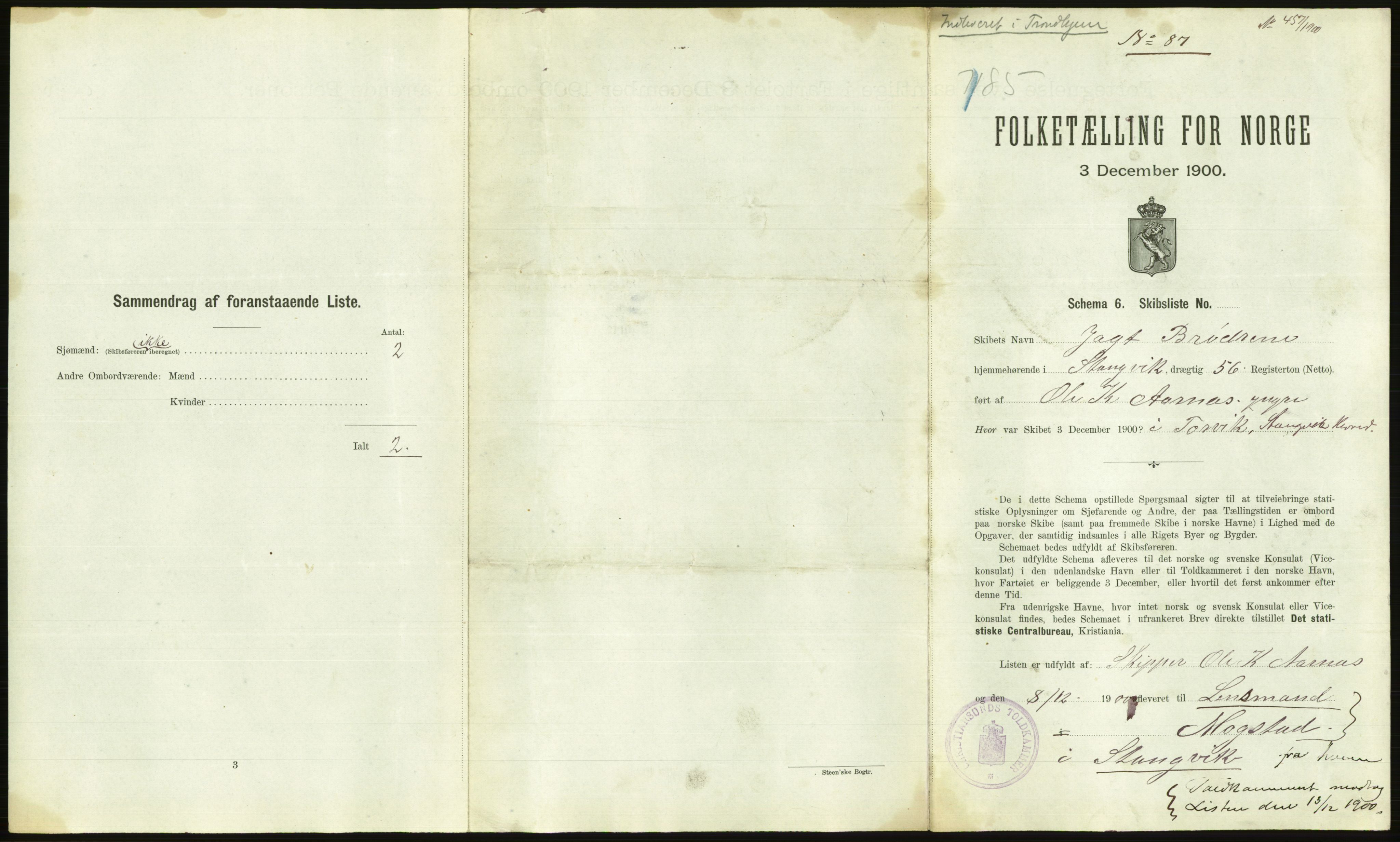 RA, 1900 Census - ship lists from ships in Norwegian harbours, harbours abroad and at sea, 1900, p. 2291