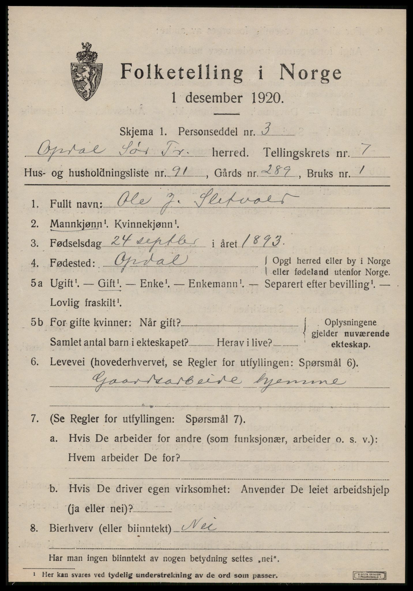 SAT, 1920 census for Oppdal, 1920, p. 6799