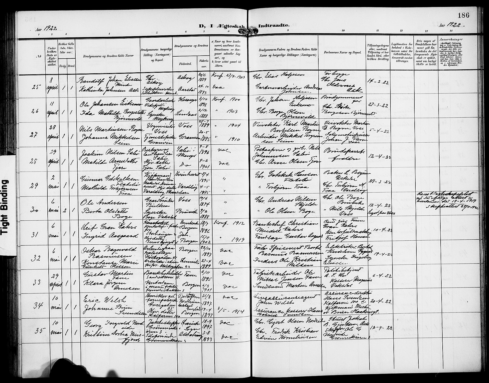 Domkirken sokneprestembete, AV/SAB-A-74801/H/Hab/L0033: Parish register (copy) no. D 5, 1907-1924, p. 186