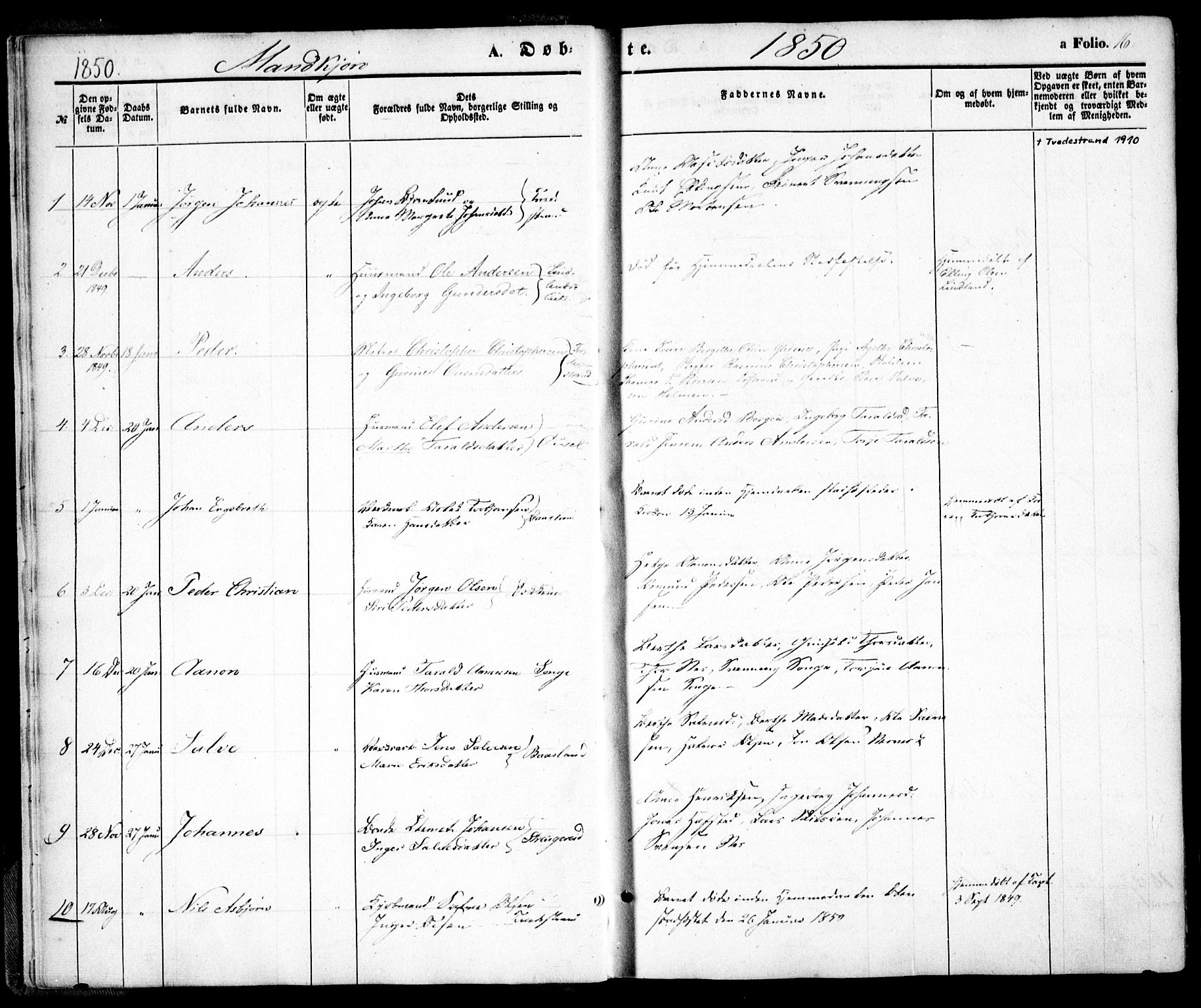 Holt sokneprestkontor, SAK/1111-0021/F/Fa/L0008: Parish register (official) no. A 8, 1849-1860, p. 16