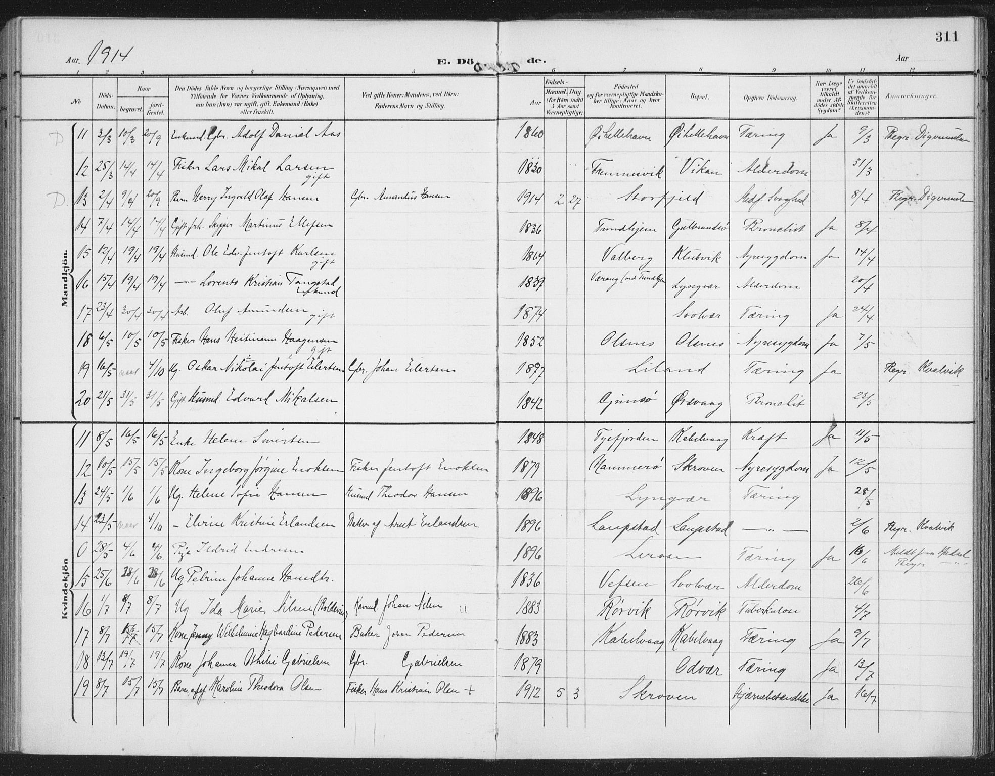 Ministerialprotokoller, klokkerbøker og fødselsregistre - Nordland, AV/SAT-A-1459/874/L1063: Parish register (official) no. 874A07, 1907-1915, p. 311