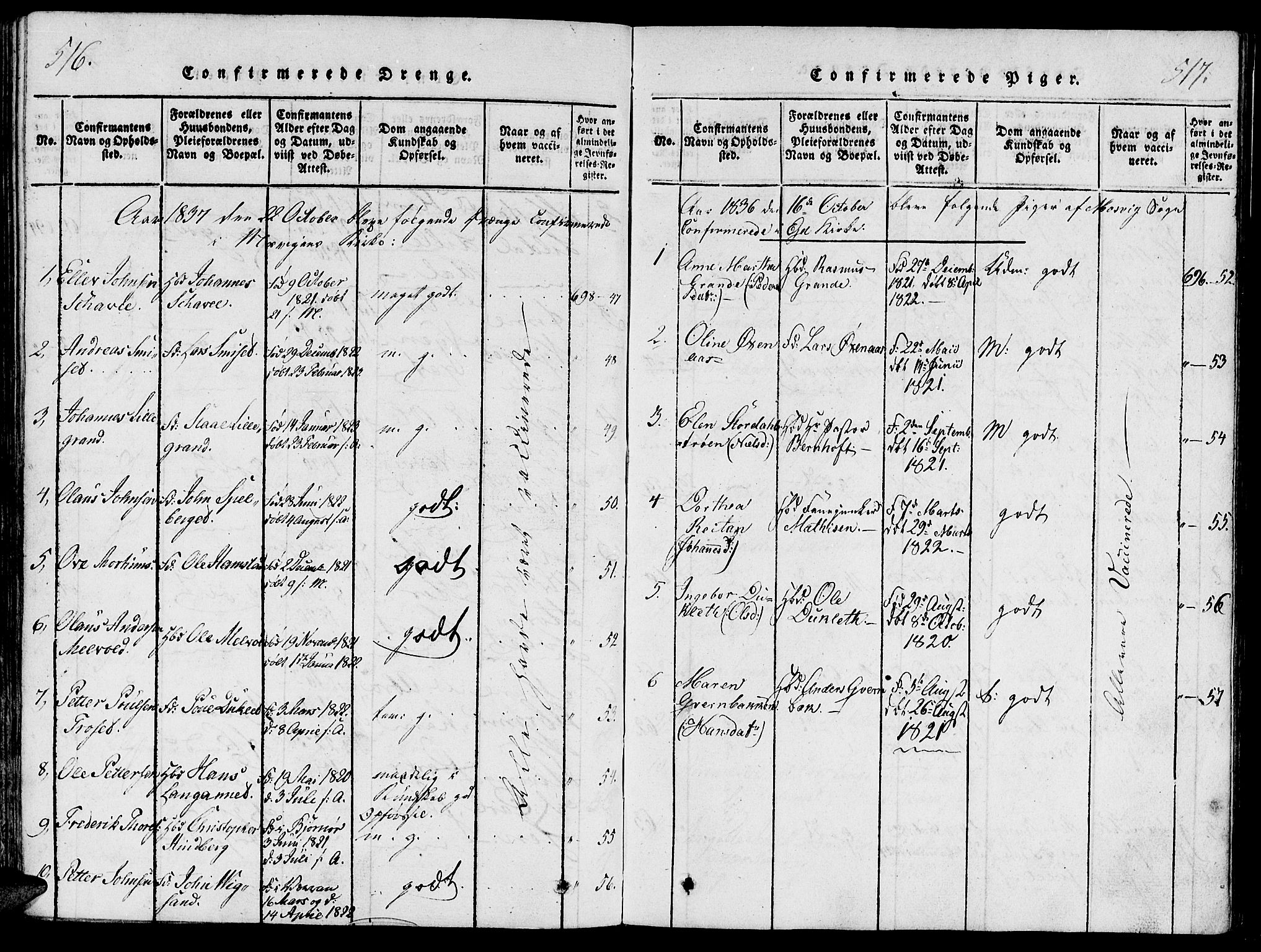 Ministerialprotokoller, klokkerbøker og fødselsregistre - Nord-Trøndelag, AV/SAT-A-1458/733/L0322: Parish register (official) no. 733A01, 1817-1842, p. 516-517