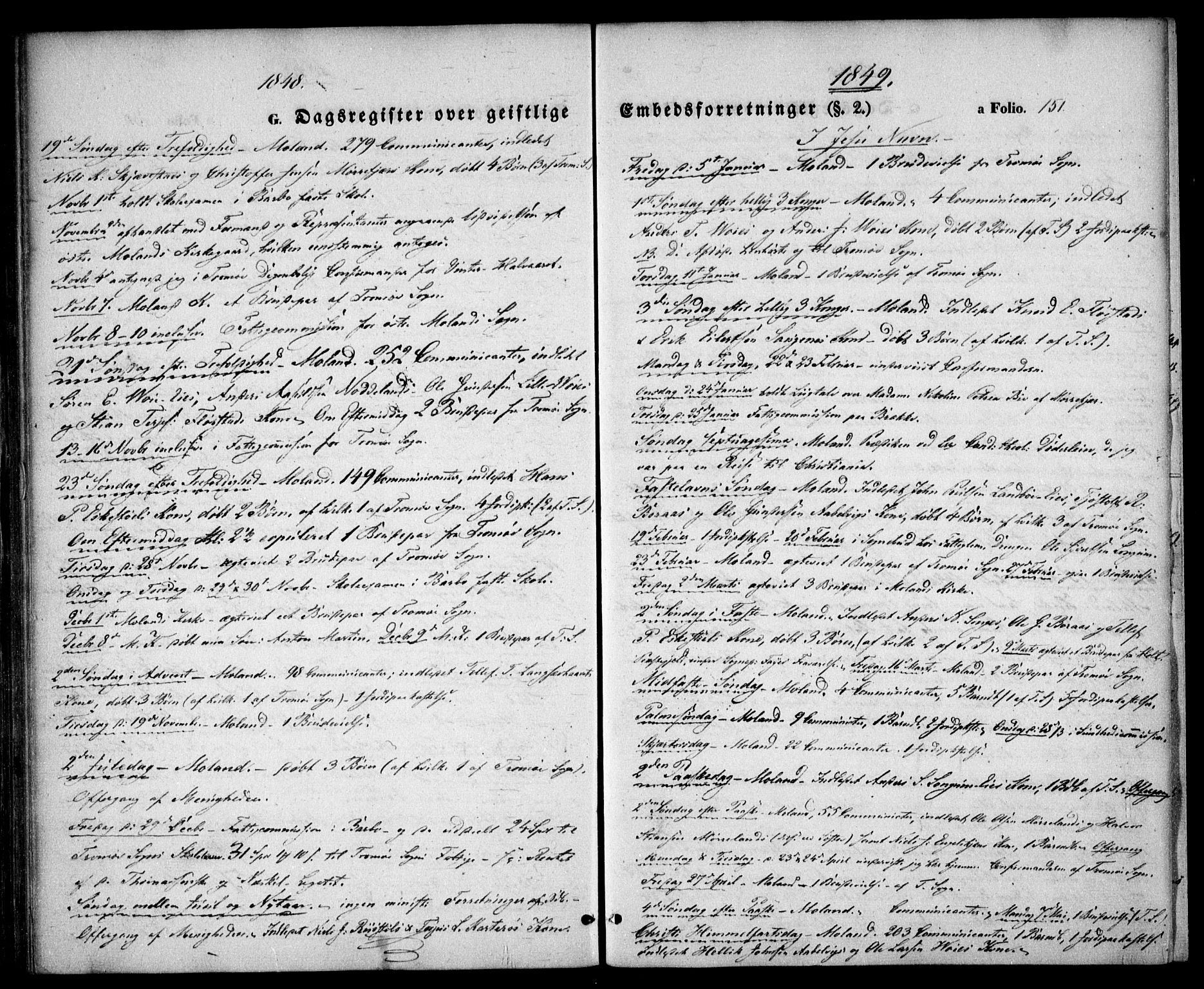 Austre Moland sokneprestkontor, SAK/1111-0001/F/Fa/Faa/L0007: Parish register (official) no. A 7, 1847-1857, p. 151
