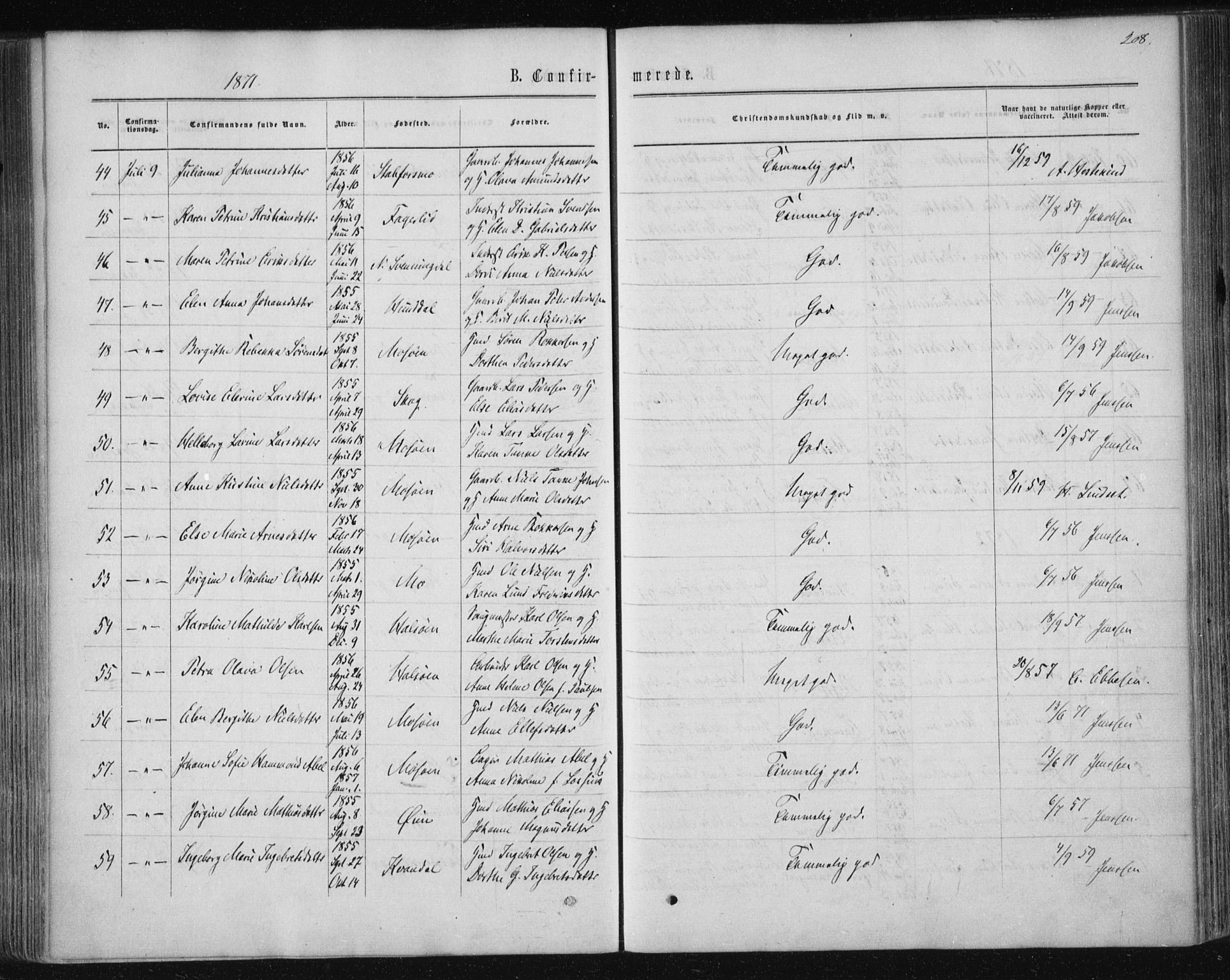 Ministerialprotokoller, klokkerbøker og fødselsregistre - Nordland, SAT/A-1459/820/L0294: Parish register (official) no. 820A15, 1866-1879, p. 208