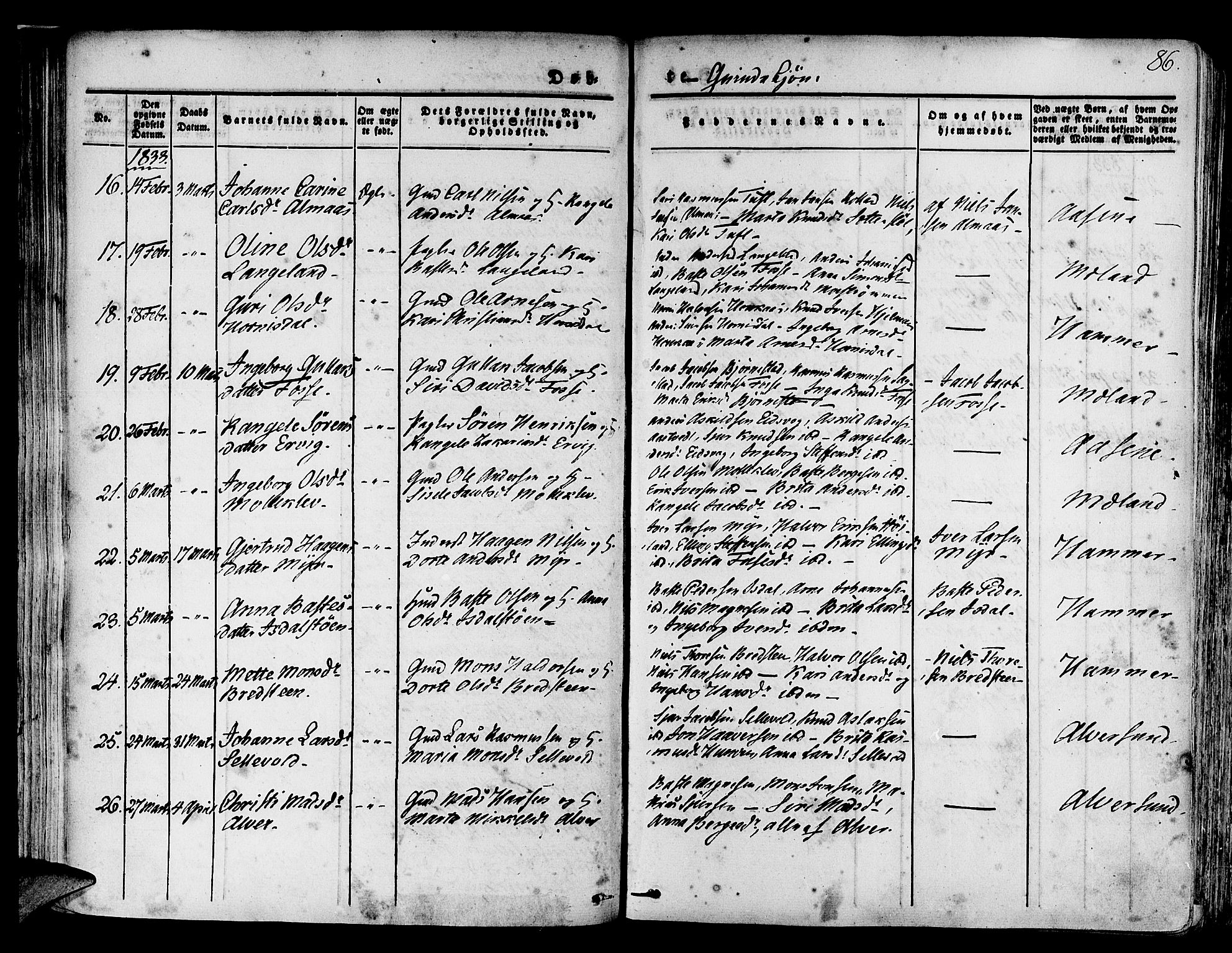 Hamre sokneprestembete, AV/SAB-A-75501/H/Ha/Haa/Haaa/L0011: Parish register (official) no. A 11, 1826-1834, p. 86