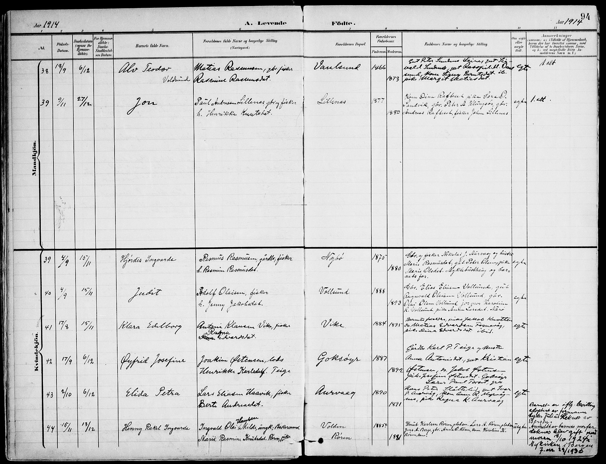 Ministerialprotokoller, klokkerbøker og fødselsregistre - Møre og Romsdal, AV/SAT-A-1454/507/L0075: Parish register (official) no. 507A10, 1901-1920, p. 94