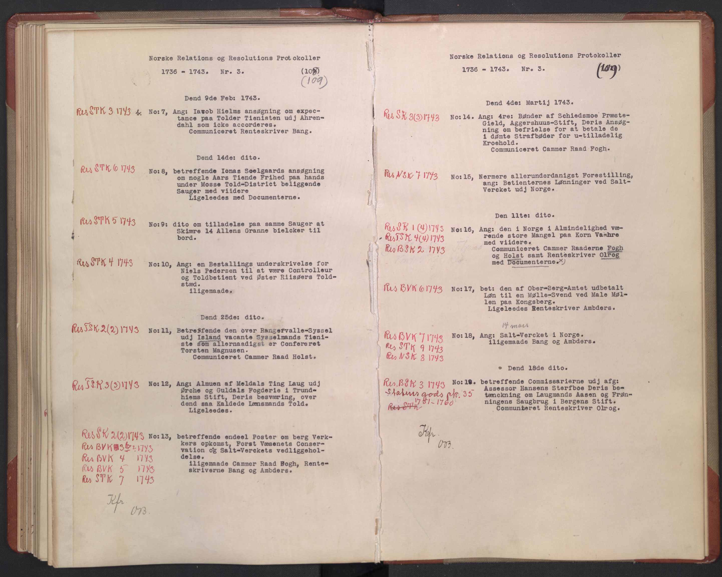 Avskriftsamlingen, AV/RA-EA-4022/F/Fb/L0117: Registratur over norske Relasjons- og  resolusjonsprotokoller, 1736-1743, p. 81