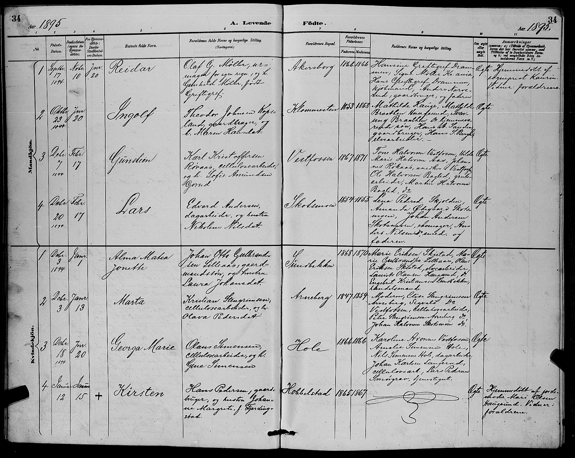 Eiker kirkebøker, SAKO/A-4/G/Ga/L0007: Parish register (copy) no. I 7, 1893-1902, p. 34