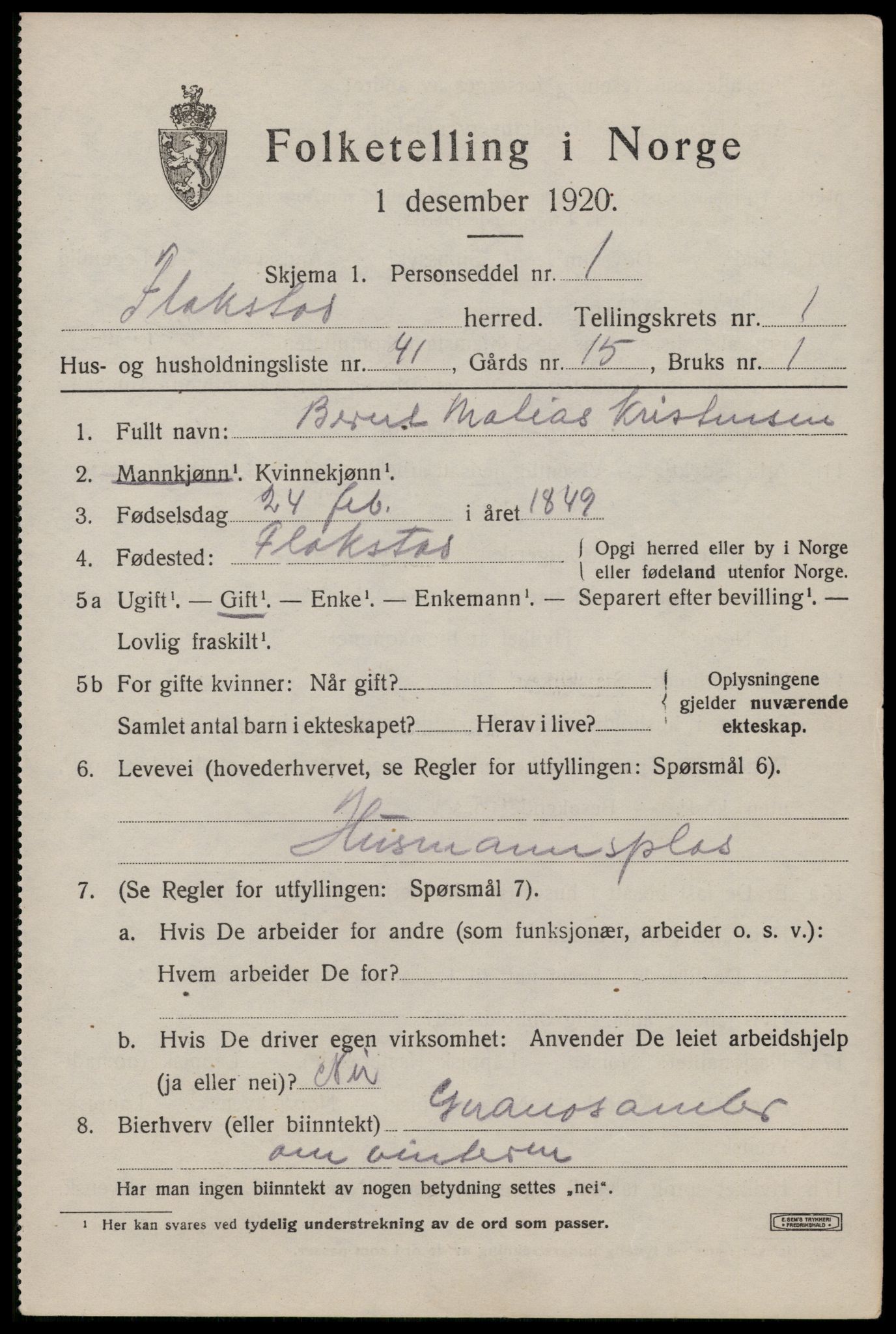 SAT, 1920 census for Flakstad, 1920, p. 1039