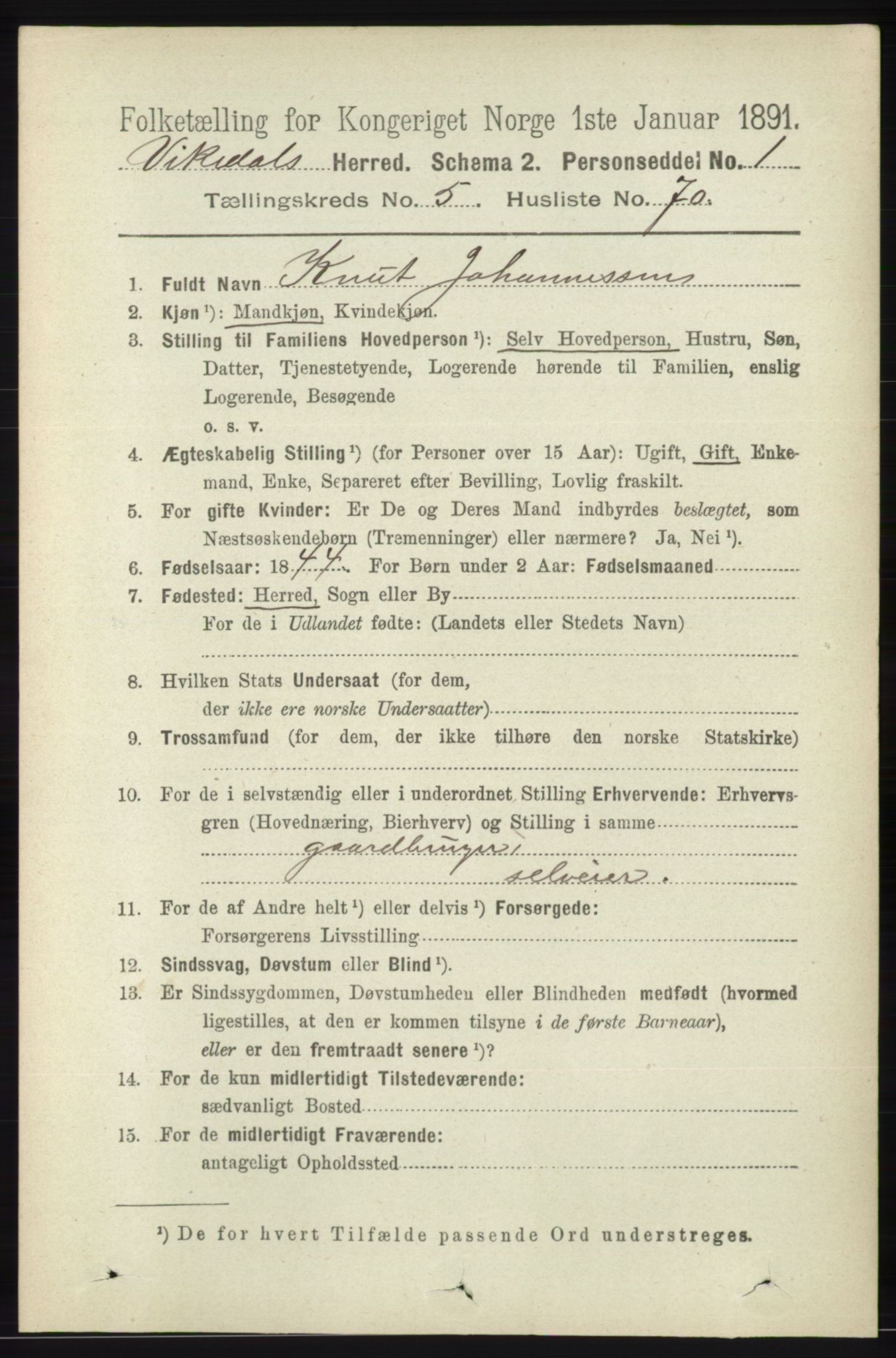 RA, 1891 census for 1157 Vikedal, 1891, p. 1481